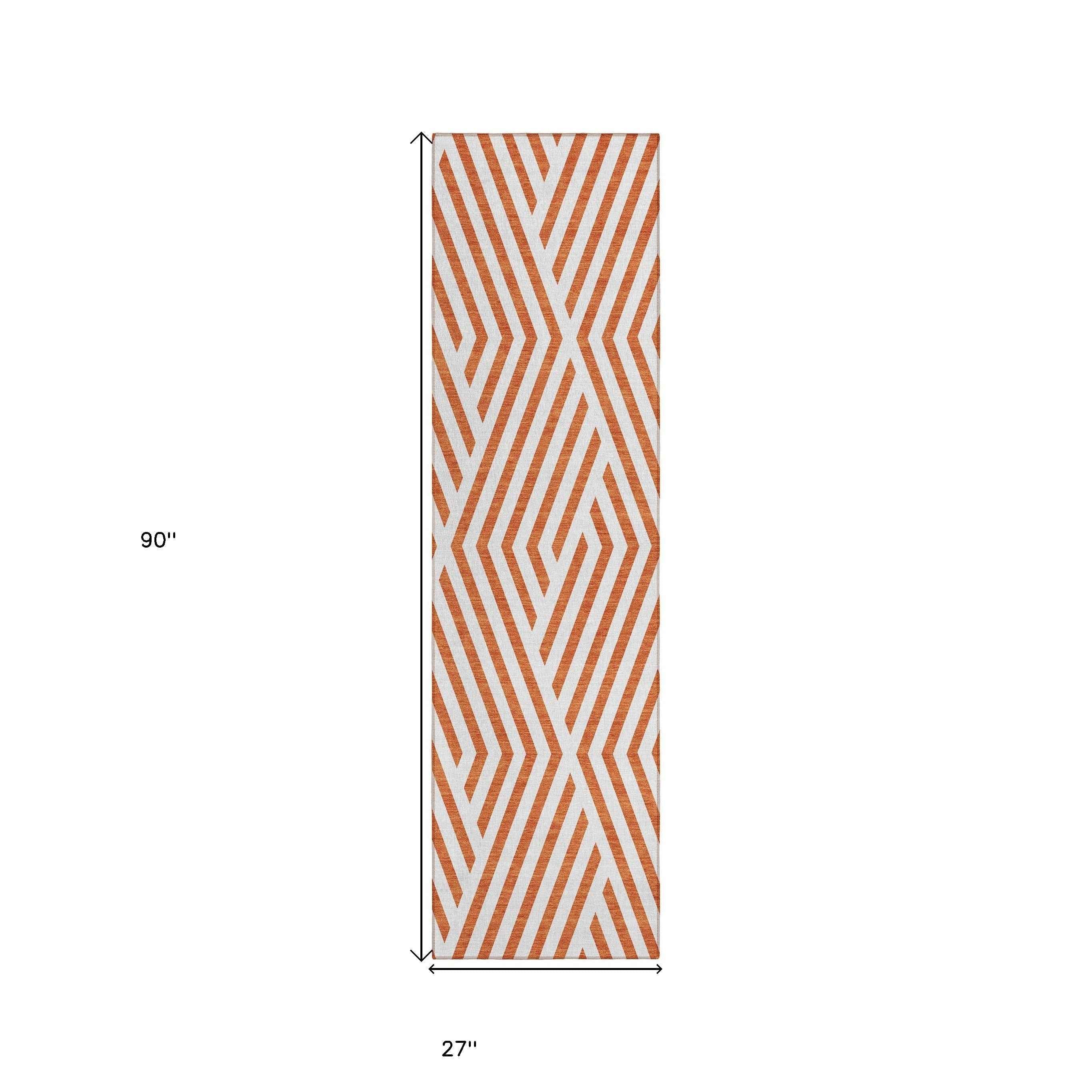 2' X 8' Orange and White Geometric Washable Non Skid Indoor Outdoor Runner Rug