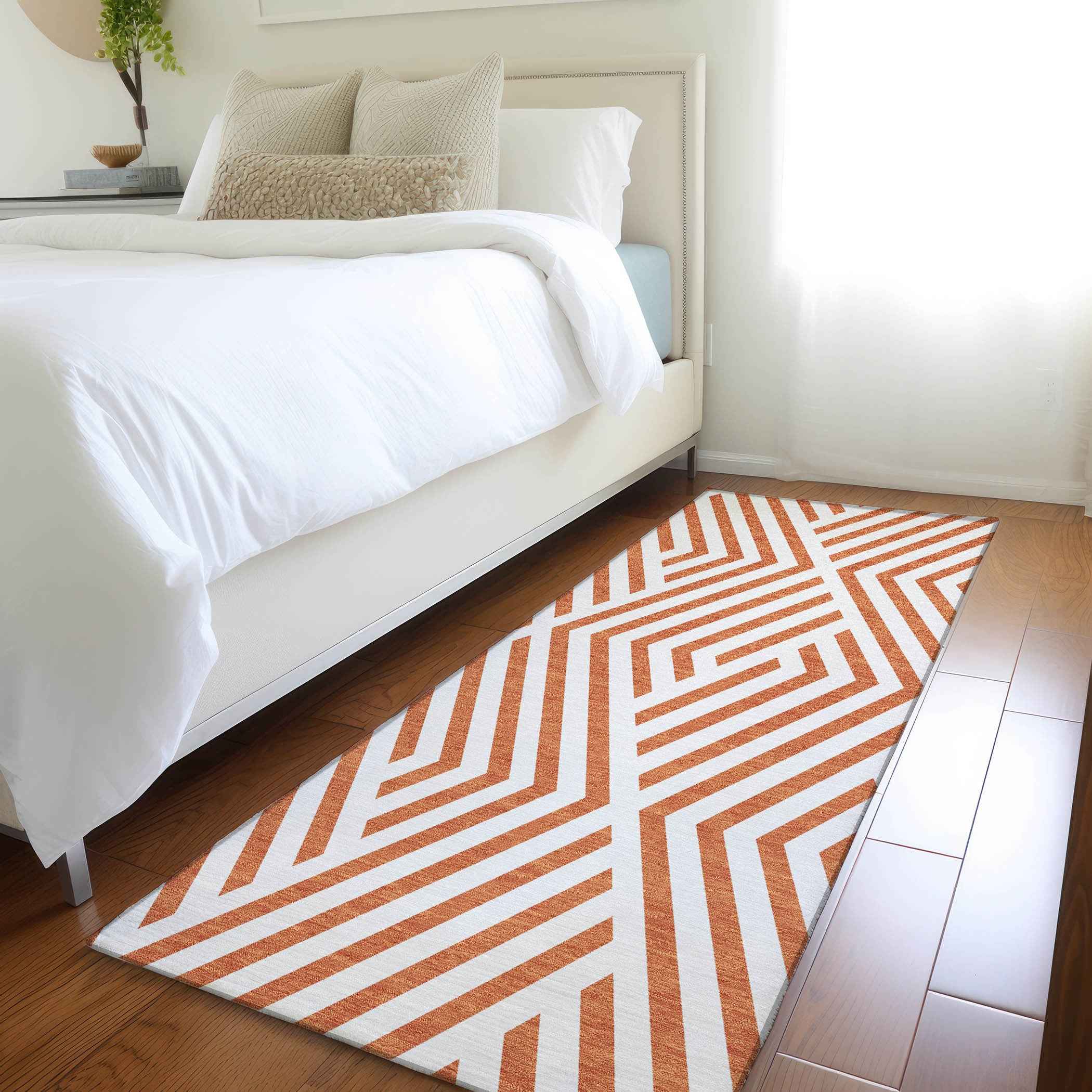 2' X 8' Orange and White Geometric Washable Non Skid Indoor Outdoor Runner Rug