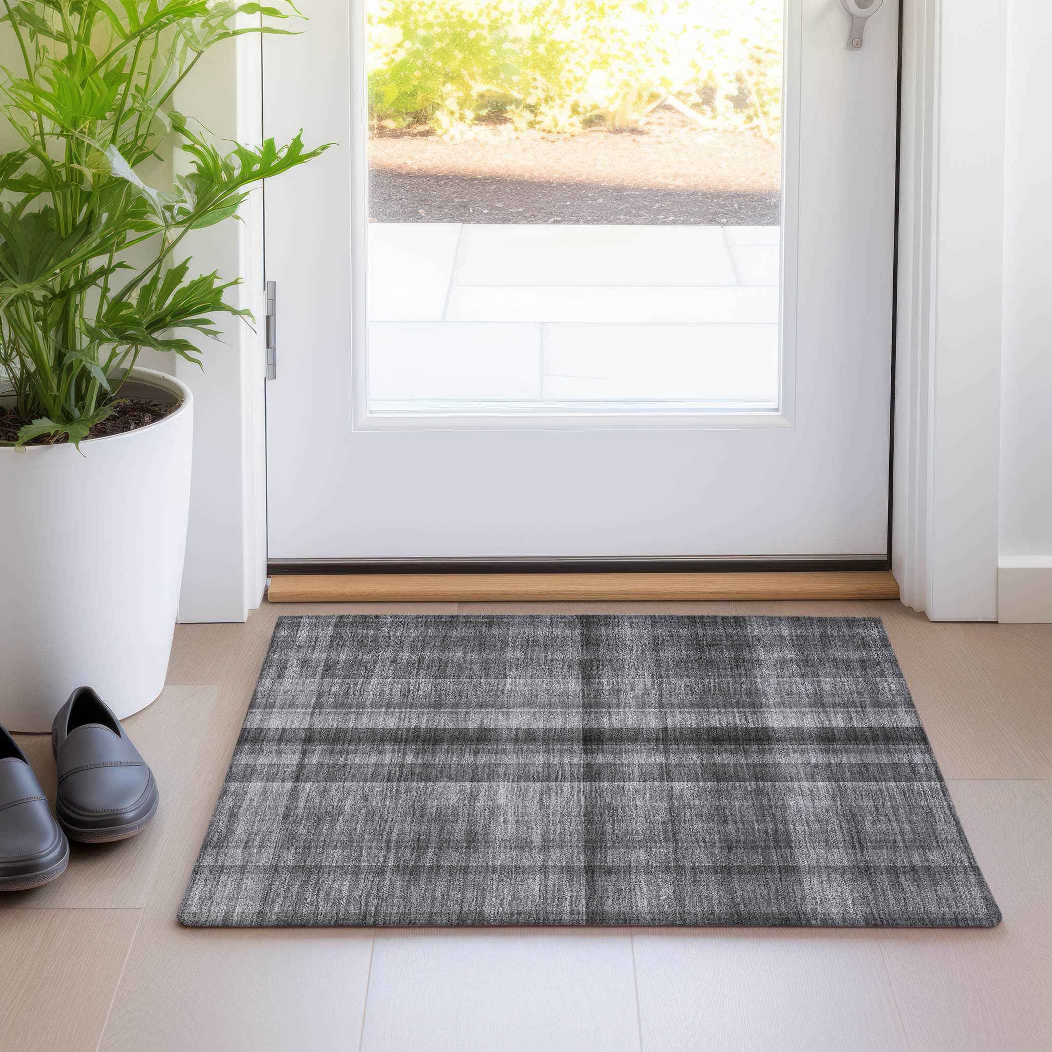 2' X 3' Gray Plaid Washable Non Skid Indoor Outdoor Area Rug