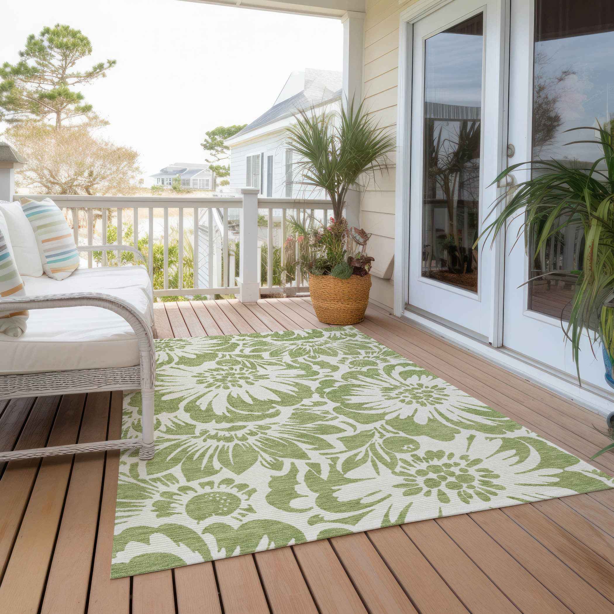8' X 10' Green and Ivory Floral Washable Non Skid Indoor Outdoor Area Rug