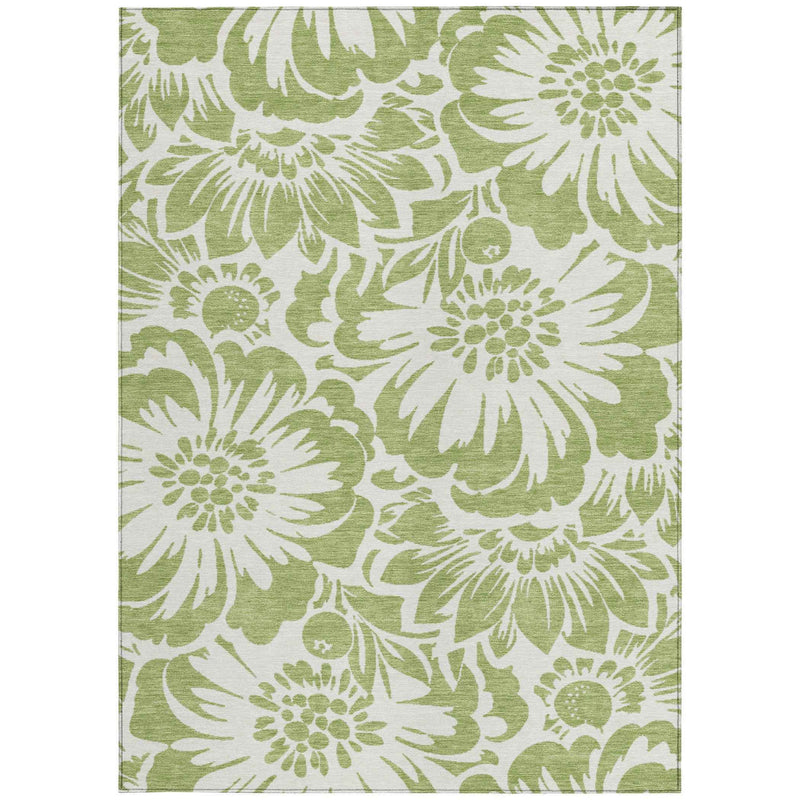 8' X 10' Green and Ivory Floral Washable Non Skid Indoor Outdoor Area Rug
