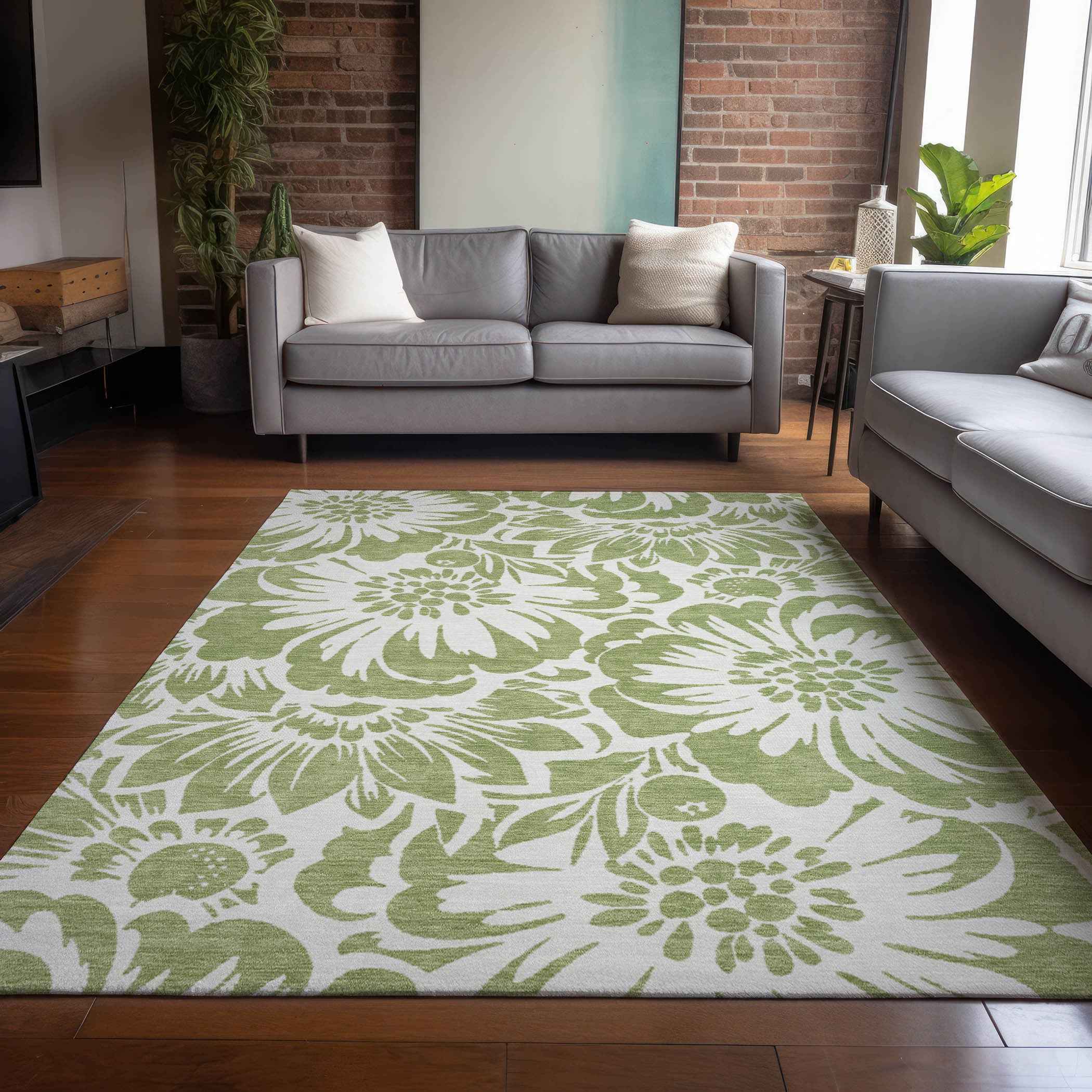 8' X 10' Green and Ivory Floral Washable Non Skid Indoor Outdoor Area Rug