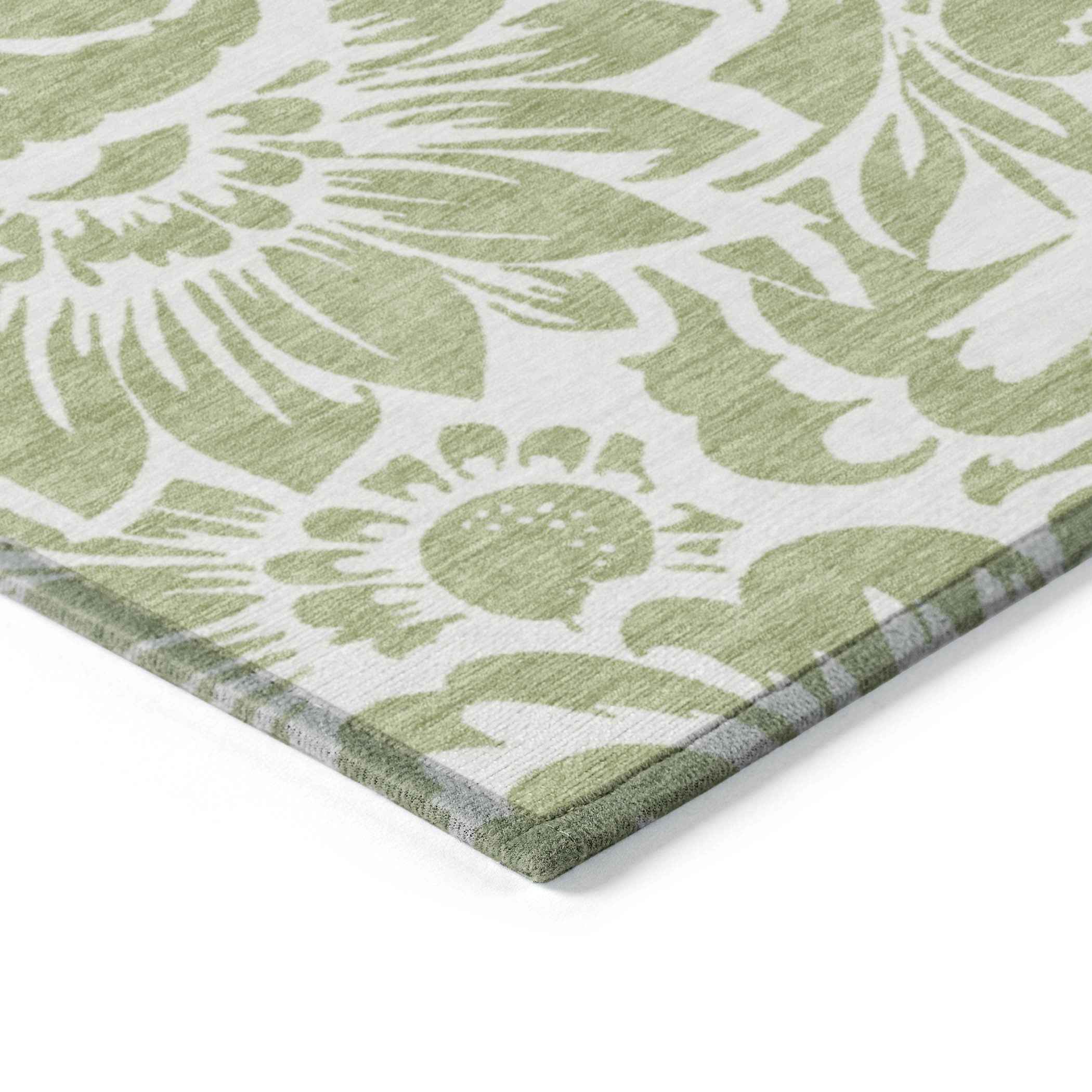 8' X 10' Green and Ivory Floral Washable Non Skid Indoor Outdoor Area Rug
