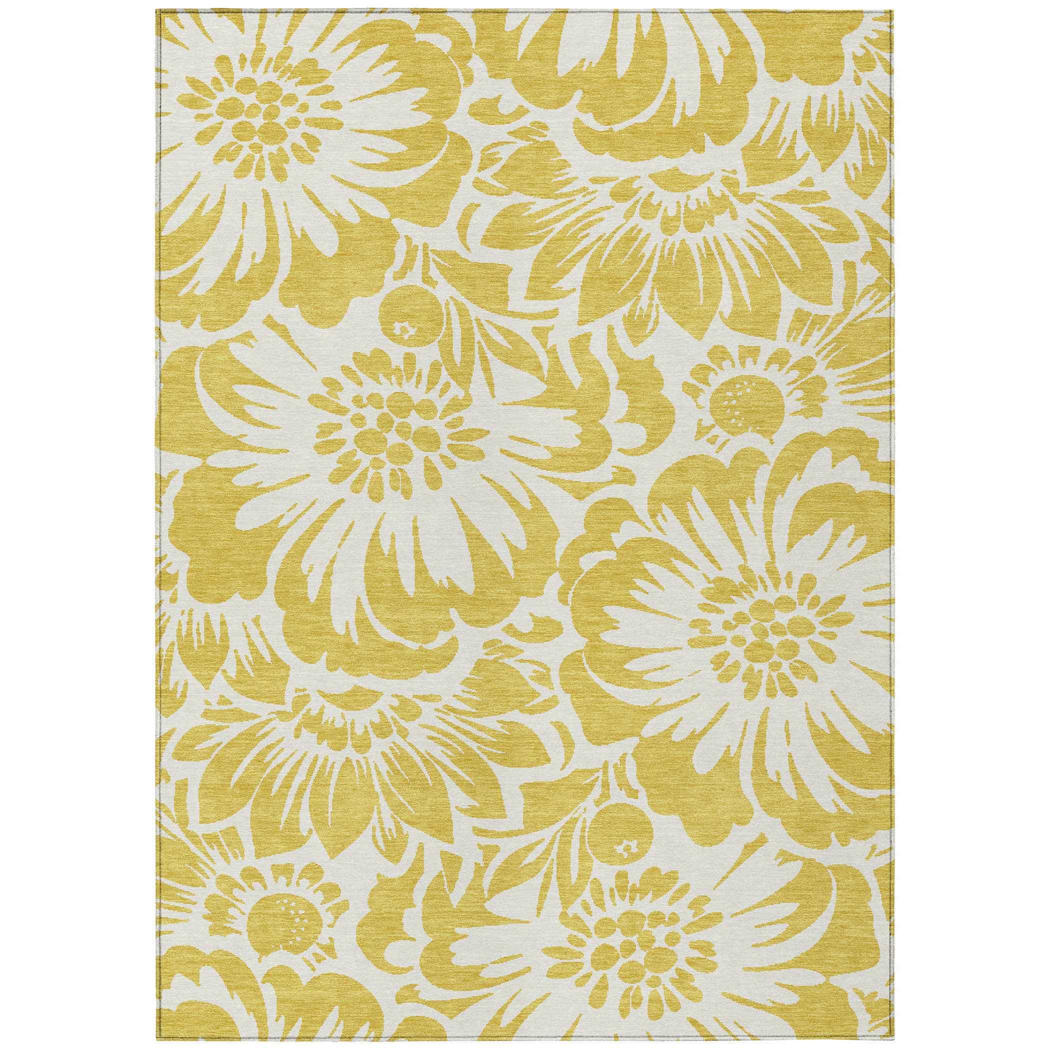 10' X 14' Gold and White Floral Washable Non Skid Indoor Outdoor Area Rug