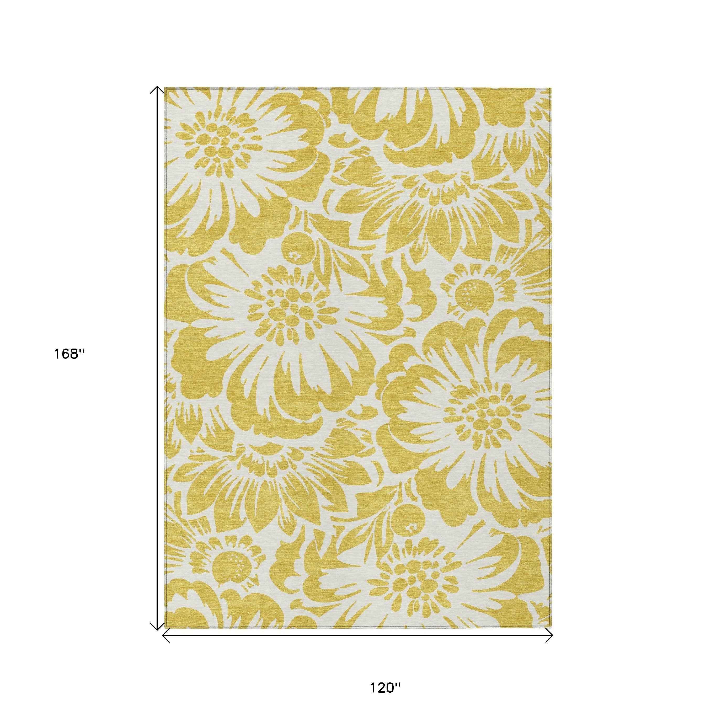10' X 14' Gold and White Floral Washable Non Skid Indoor Outdoor Area Rug