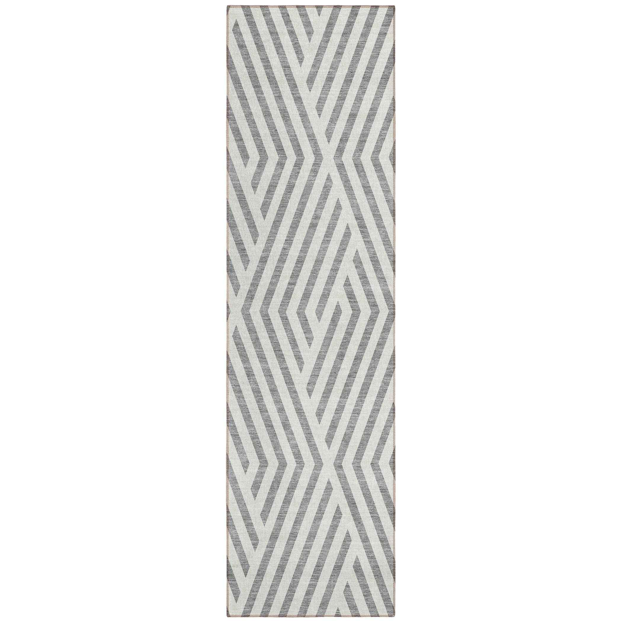 8' Gray And Ivory Geometric Washable Indoor Outdoor Runner Rug