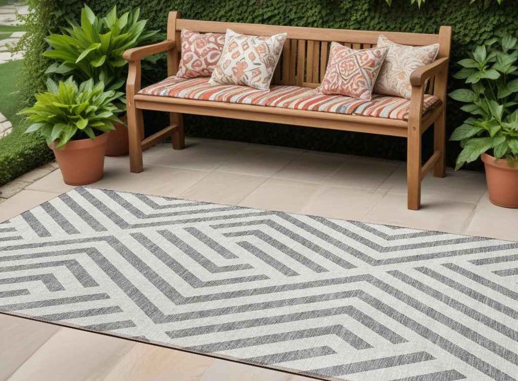 8' Gray And Ivory Geometric Washable Indoor Outdoor Runner Rug