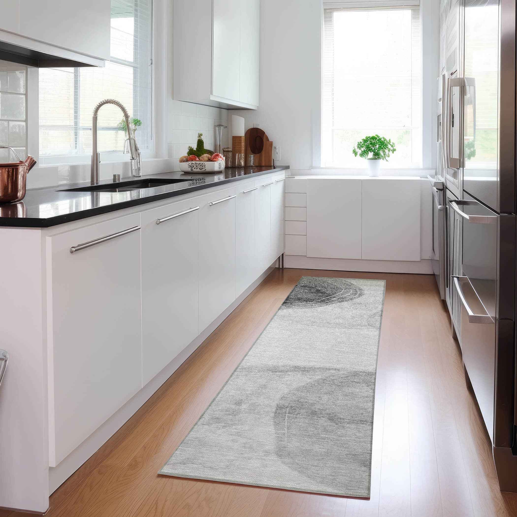 8' Runner Gray and Light Gray Abstract Washable Non Skid Indoor Outdoor Runner Rug