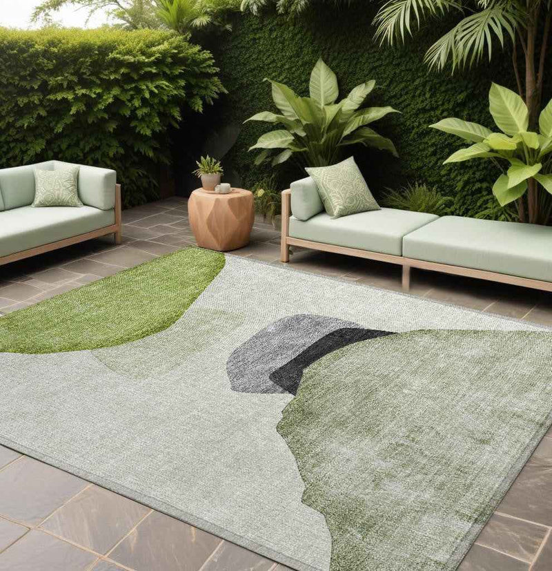 10' X 14' Green Black and Gray Abstract Washable Non Skid Indoor Outdoor Area Rug