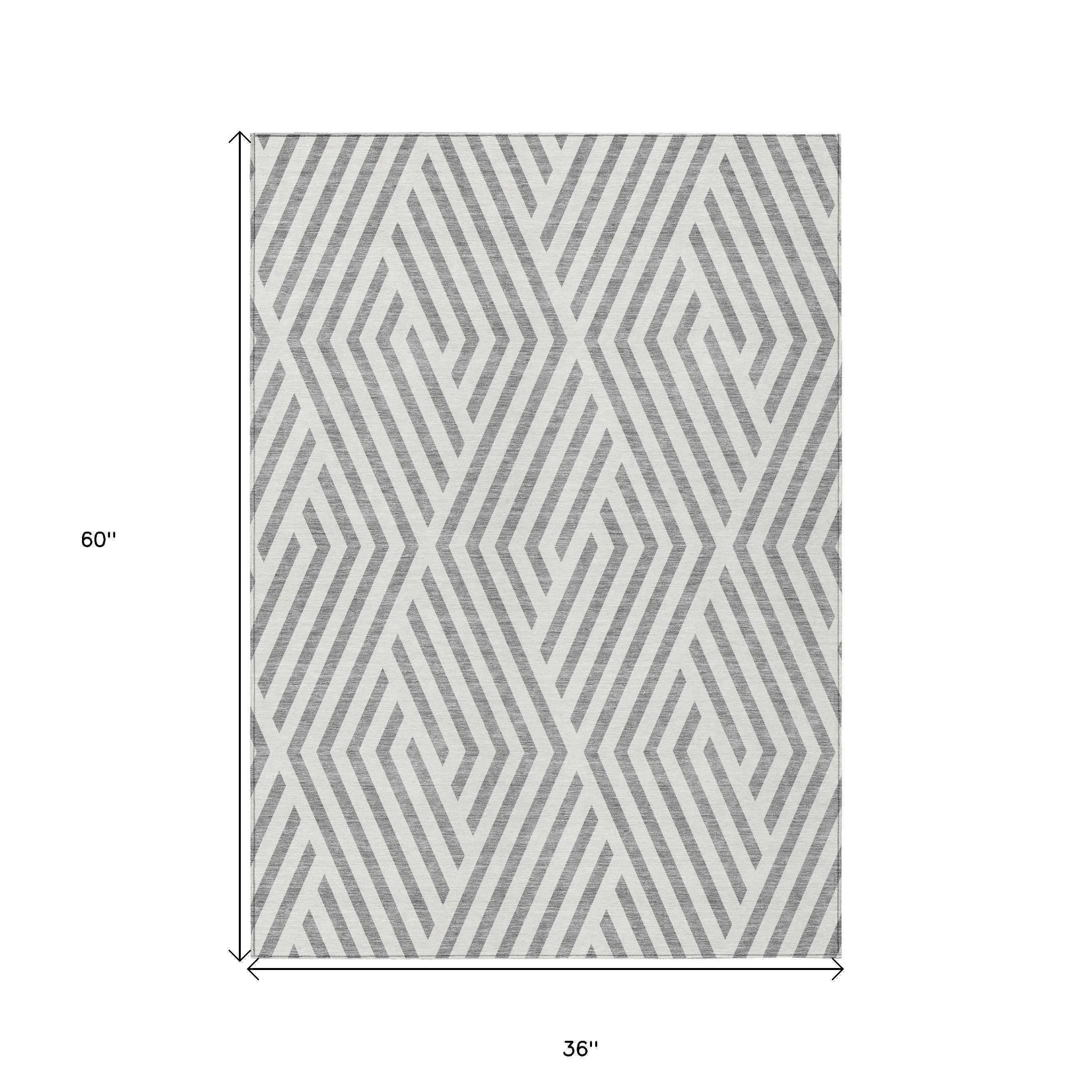 3' X 5' Gray and Ivory Geometric Washable Non Skid Indoor Outdoor Area Rug