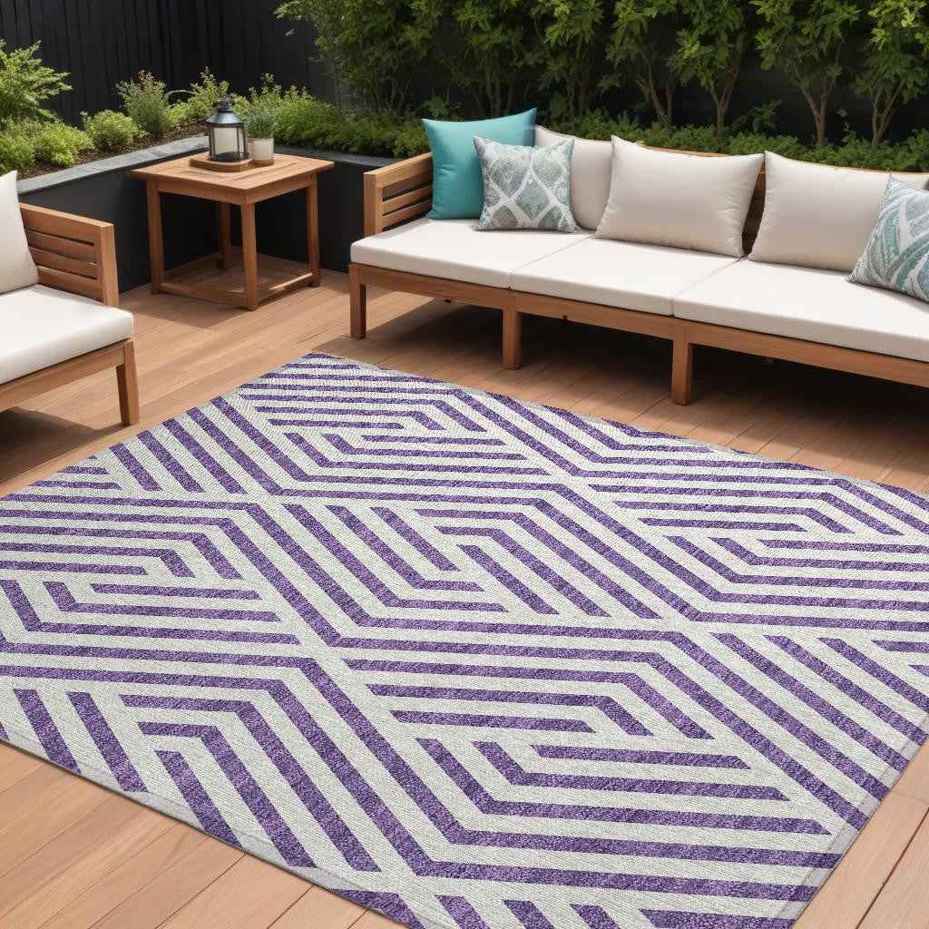 10' X 14' Purple And White Geometric Washable Indoor Outdoor Area Rug