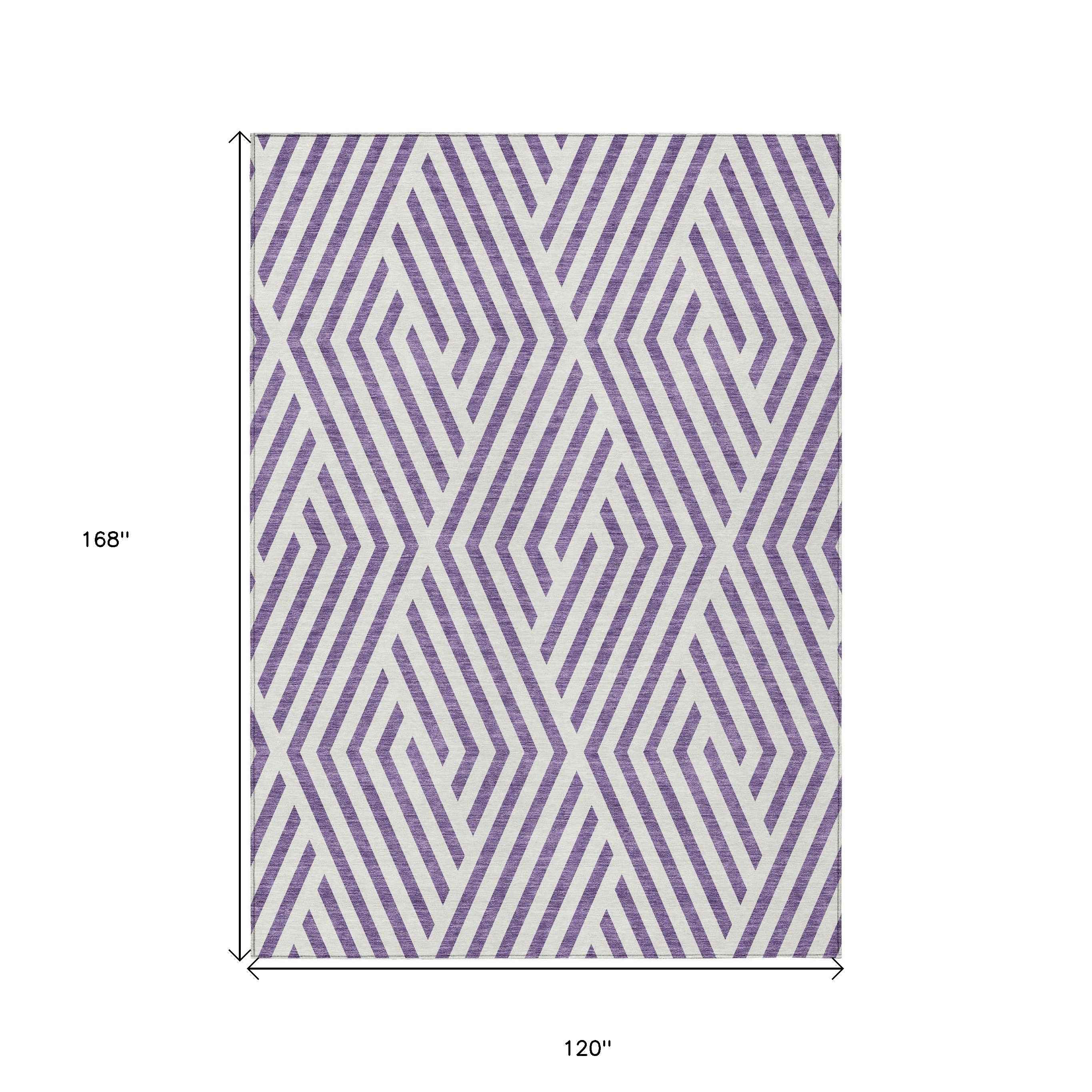10' X 14' Purple And White Geometric Washable Indoor Outdoor Area Rug