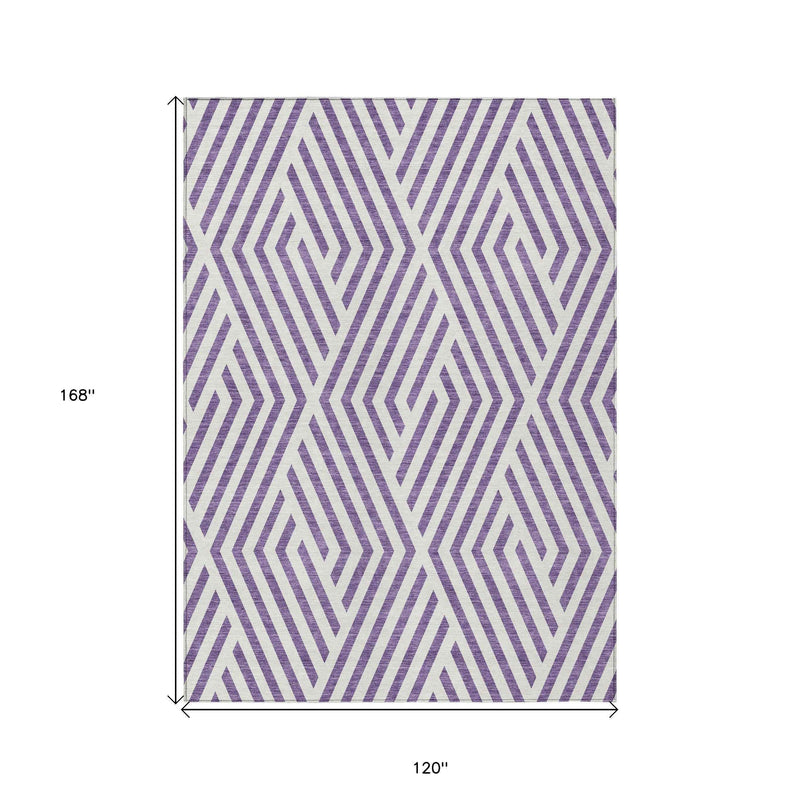 10' X 14' Purple And White Geometric Washable Indoor Outdoor Area Rug