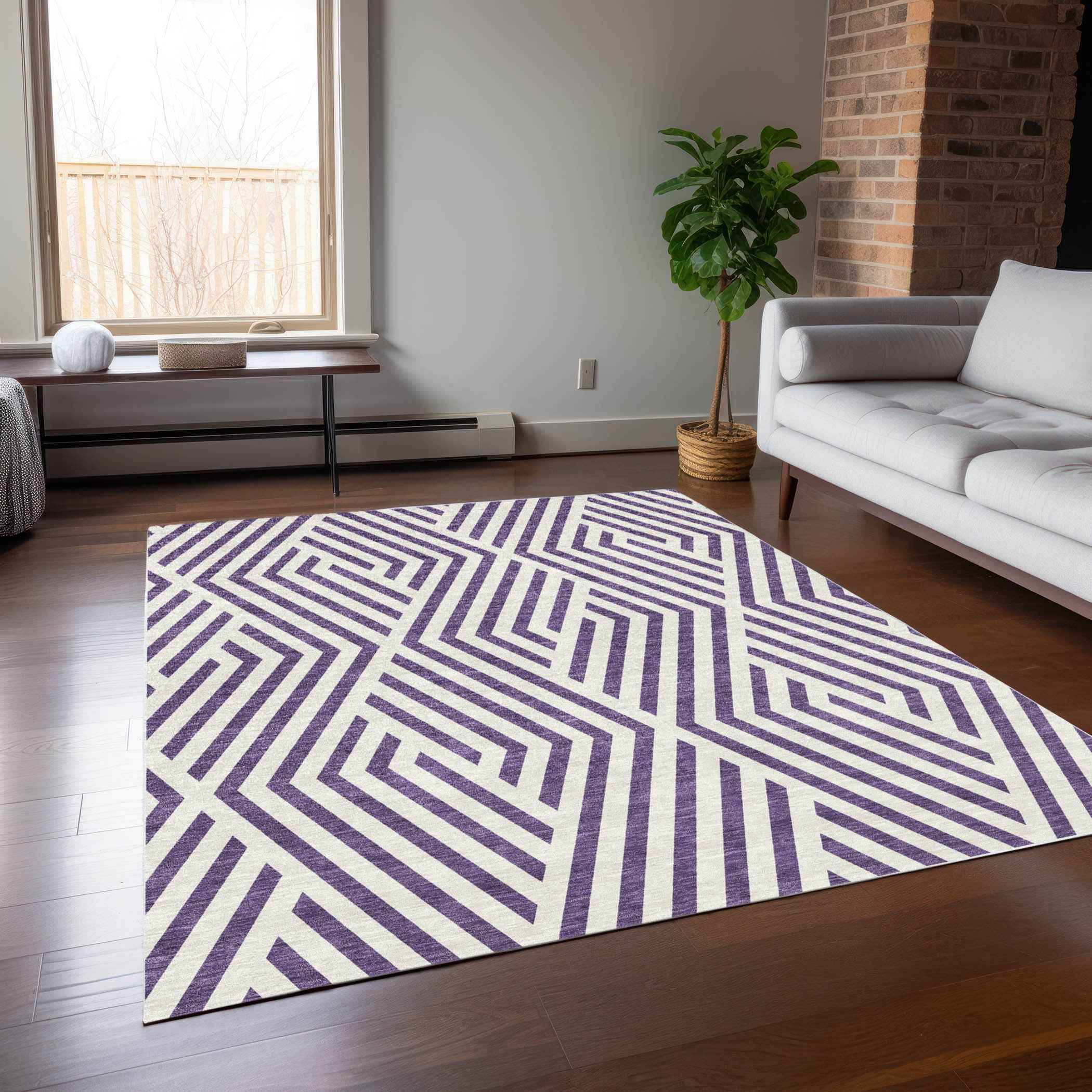 10' X 14' Purple And White Geometric Washable Indoor Outdoor Area Rug