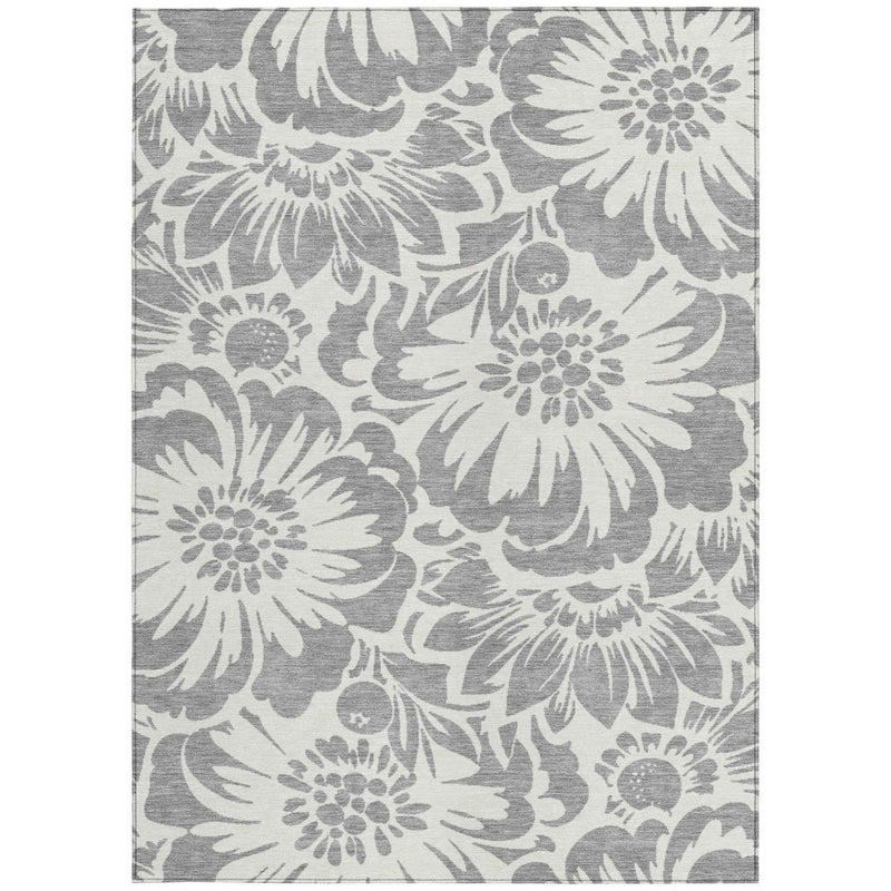 5' X 8' Gray and Ivory Floral Washable Non Skid Indoor Outdoor Area Rug