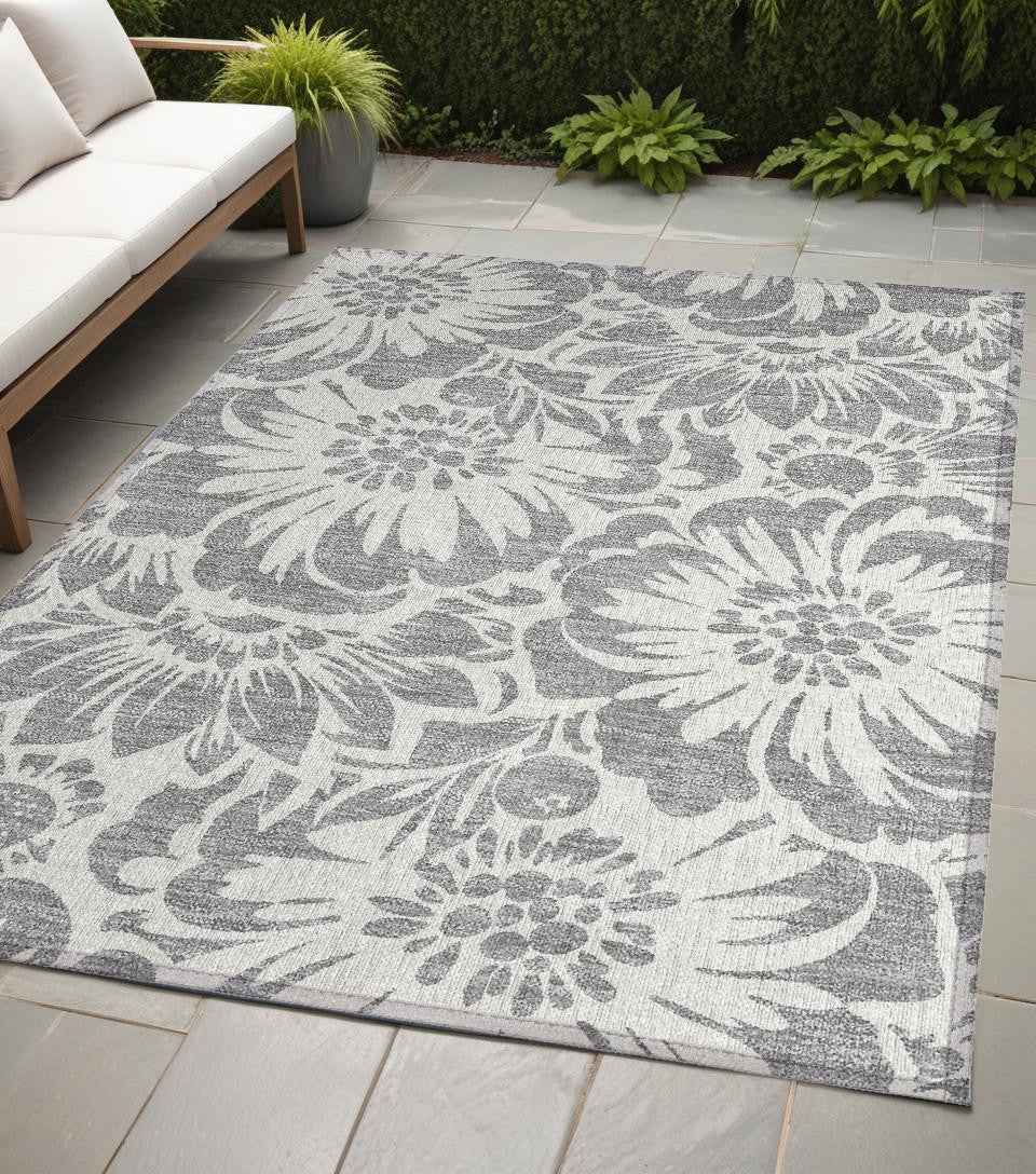 5' X 8' Gray and Ivory Floral Washable Non Skid Indoor Outdoor Area Rug