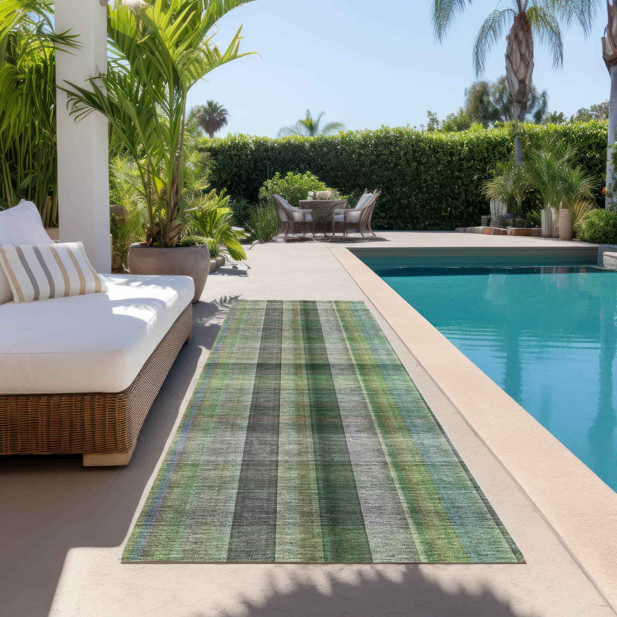 2' X 8' Green Beige and Gray Plaid Washable Non Skid Indoor Outdoor Area Rug