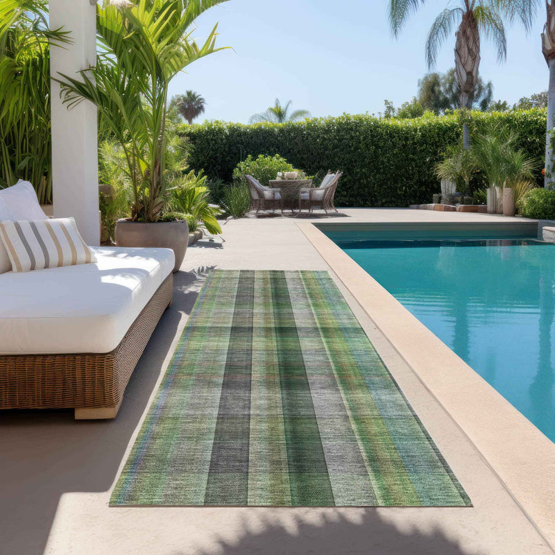 2' X 8' Green Beige and Gray Plaid Washable Non Skid Indoor Outdoor Area Rug