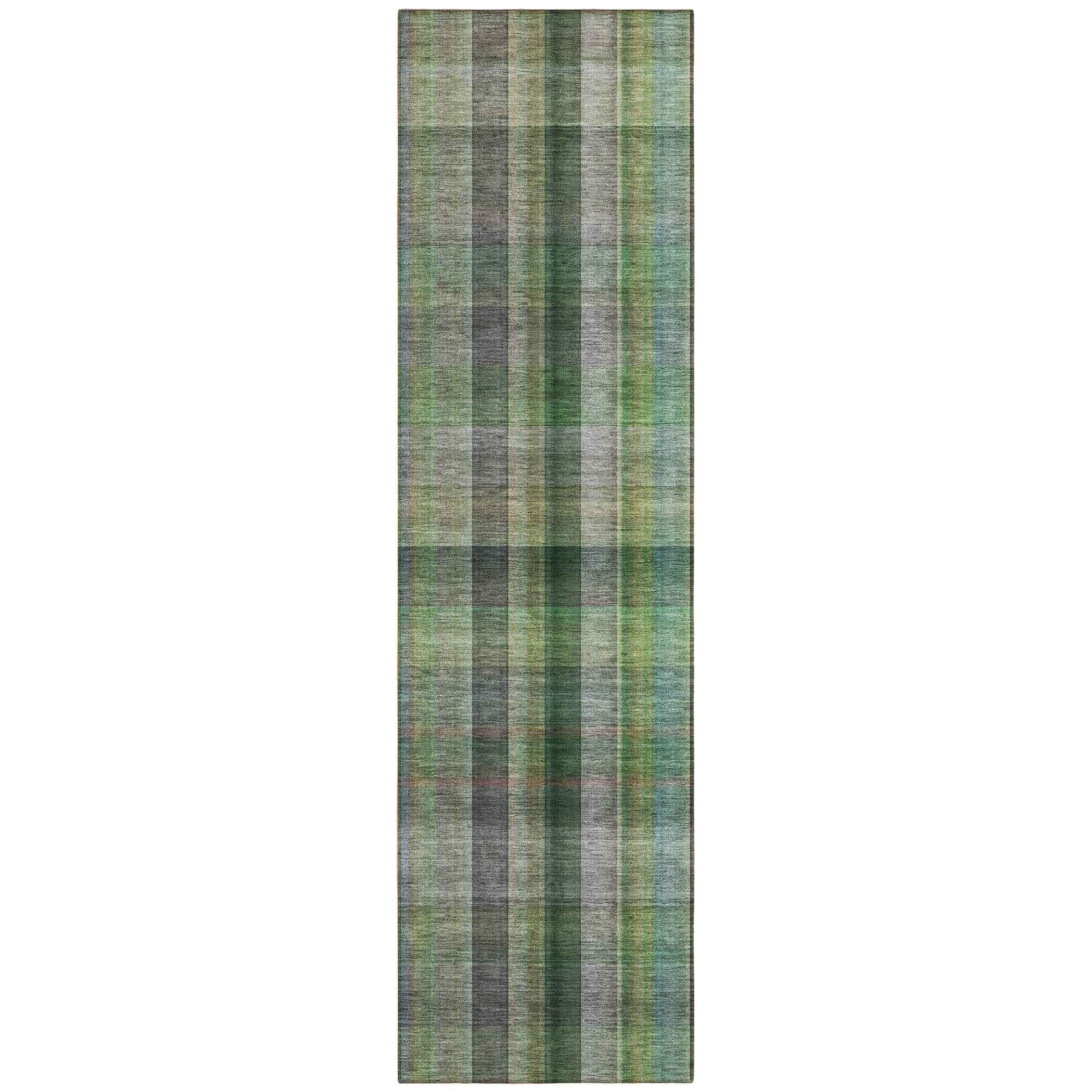 2' X 8' Green Beige and Gray Plaid Washable Non Skid Indoor Outdoor Area Rug
