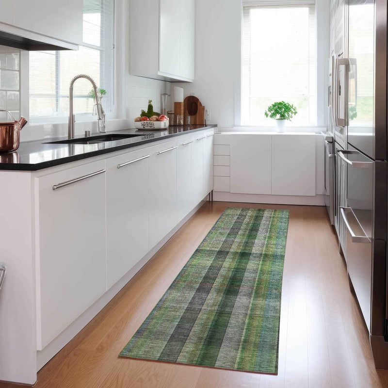 2' X 8' Green Beige and Gray Plaid Washable Non Skid Indoor Outdoor Area Rug