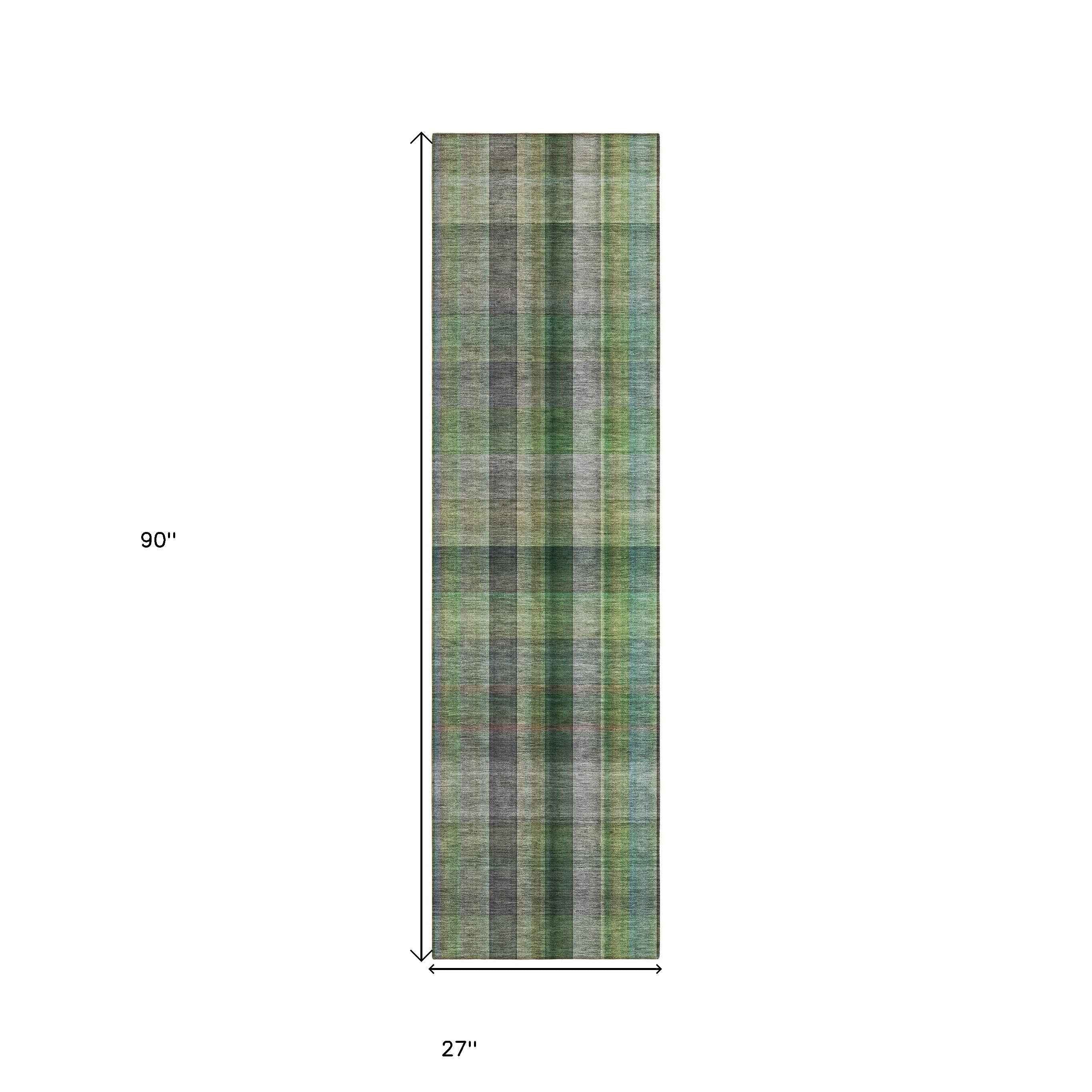 2' X 8' Green Beige and Gray Plaid Washable Non Skid Indoor Outdoor Area Rug
