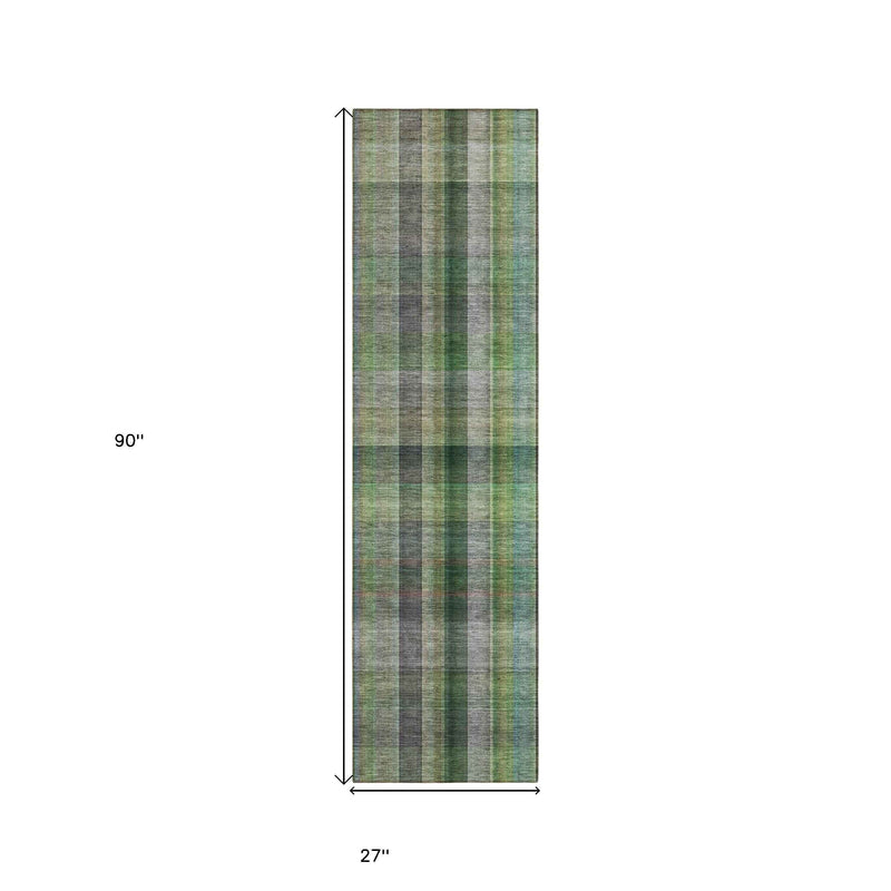 2' X 8' Green Beige and Gray Plaid Washable Non Skid Indoor Outdoor Area Rug