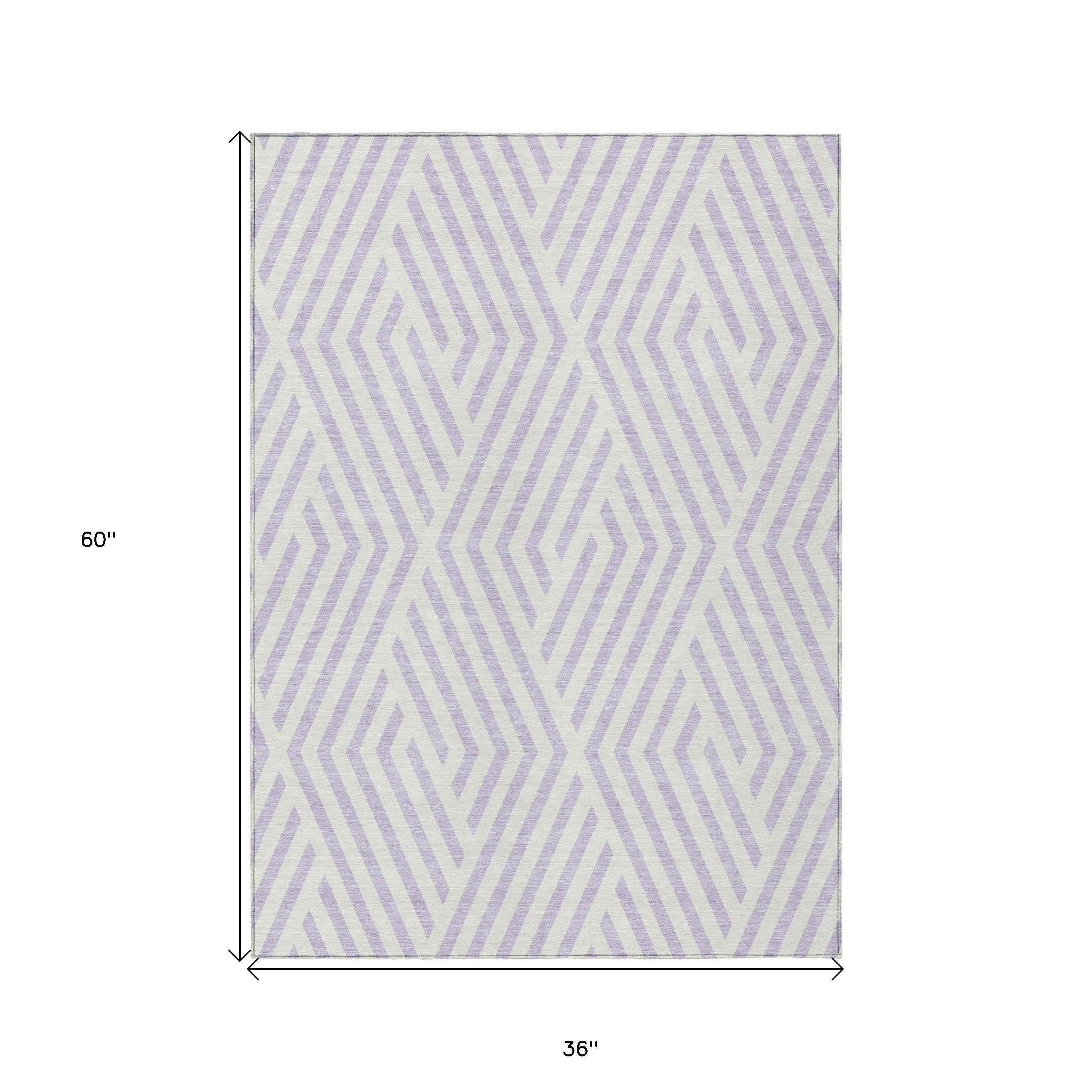 3' X 5' Lavender and Ivory Geometric Washable Non Skid Indoor Outdoor Area Rug