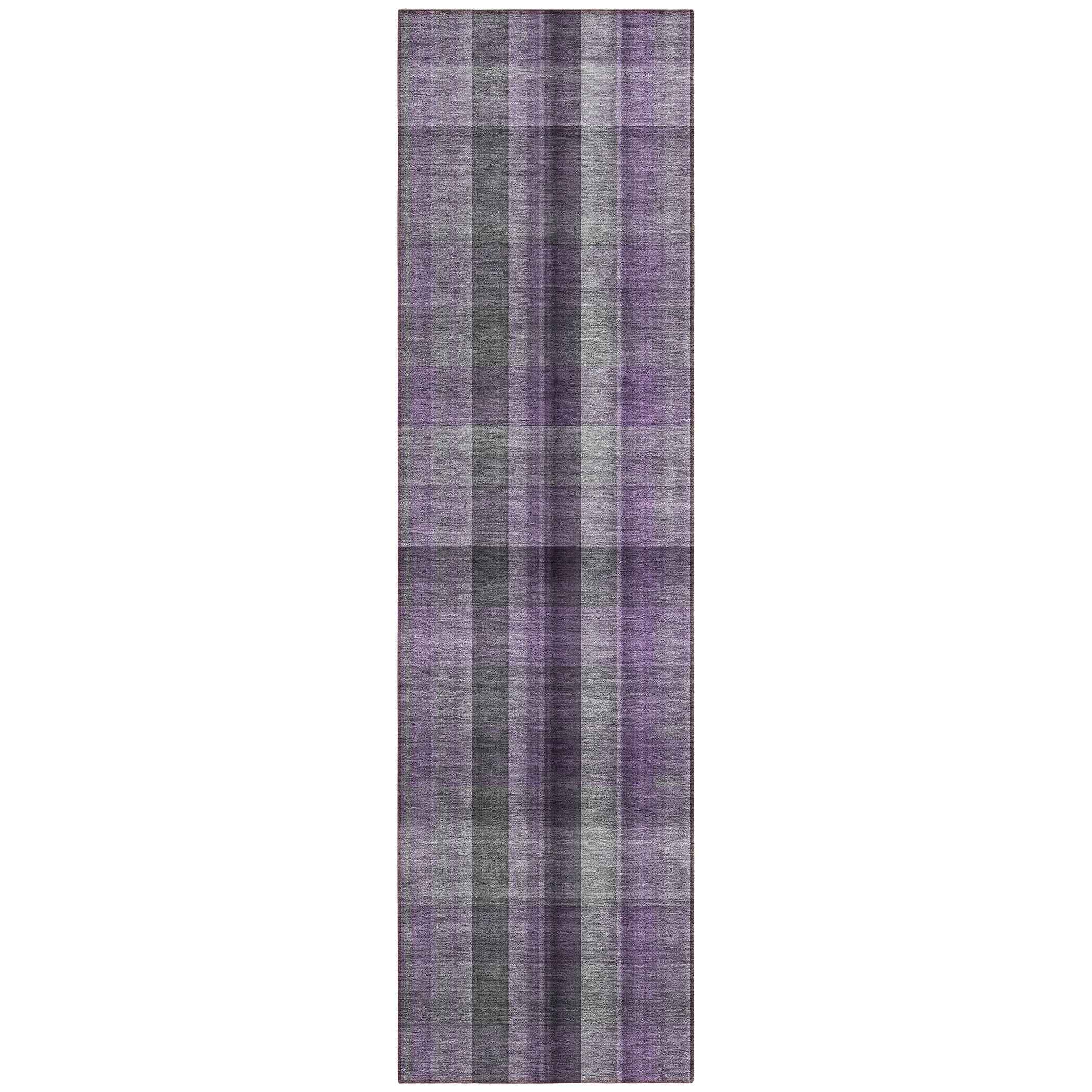 2' X 8' Purple Gray and Black Plaid Washable Non Skid Indoor Outdoor Area Rug