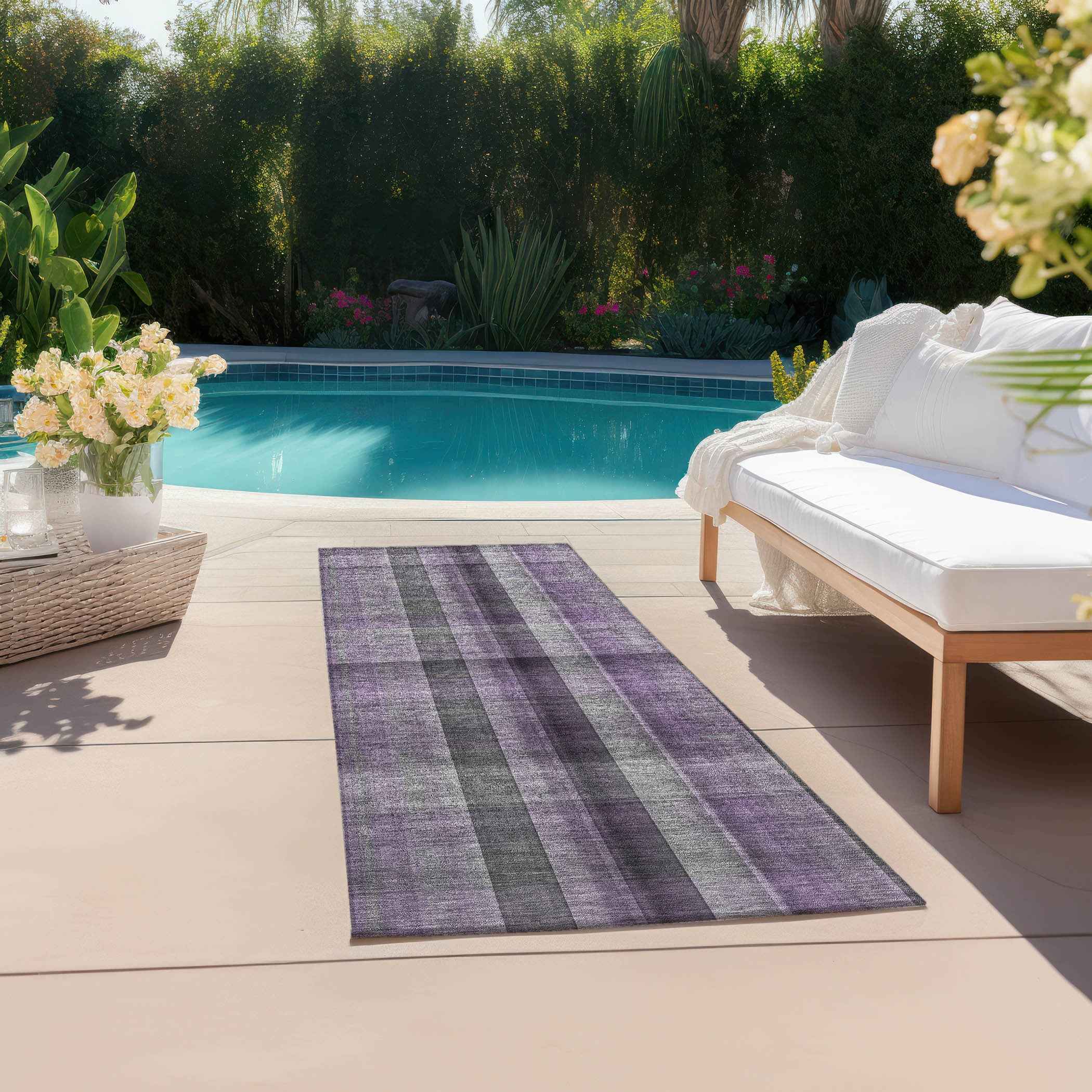 2' X 8' Purple Gray and Black Plaid Washable Non Skid Indoor Outdoor Area Rug