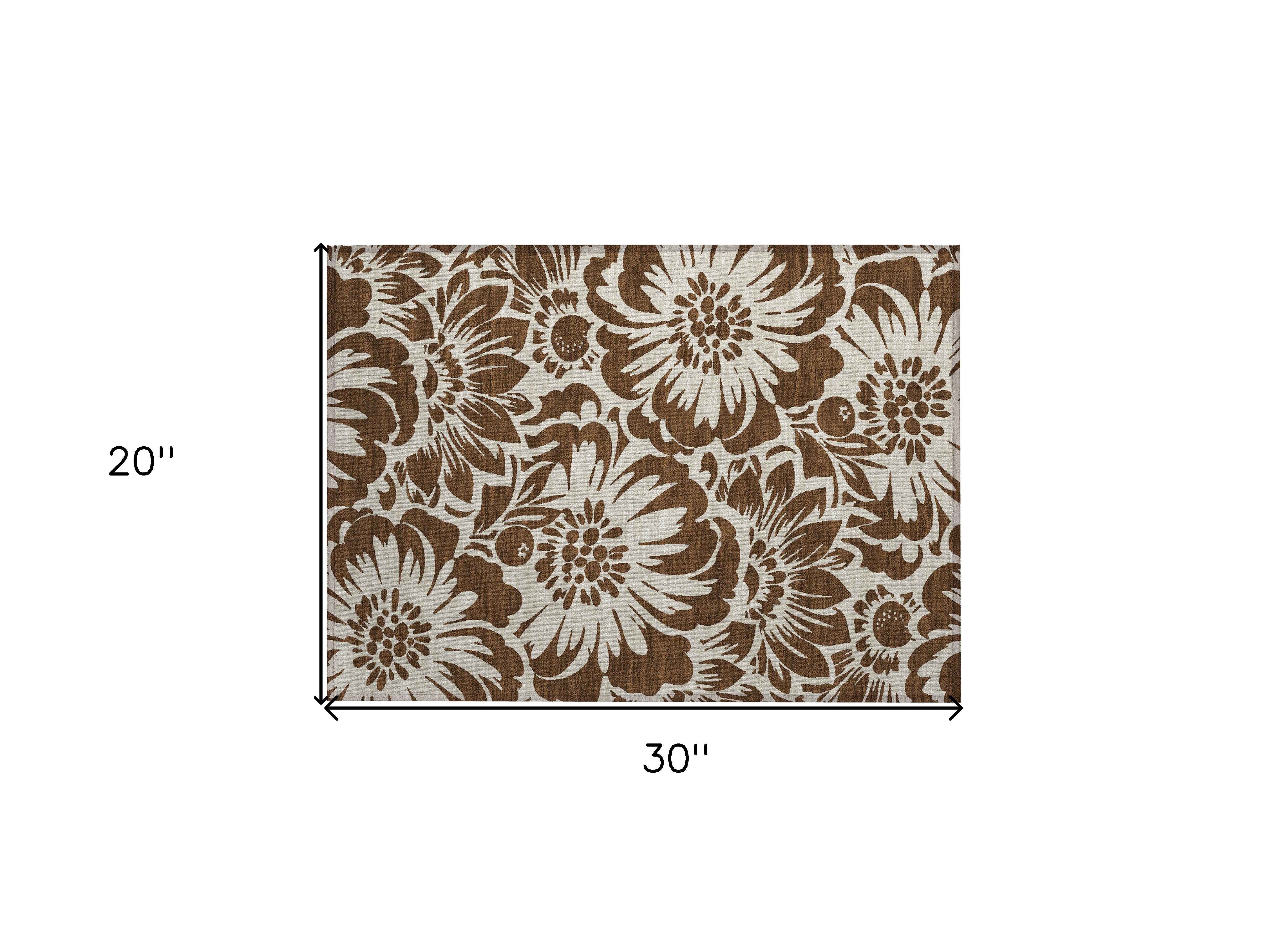 2' X 3' Brown and Ivory Floral Washable Non Skid Indoor Outdoor Area Rug
