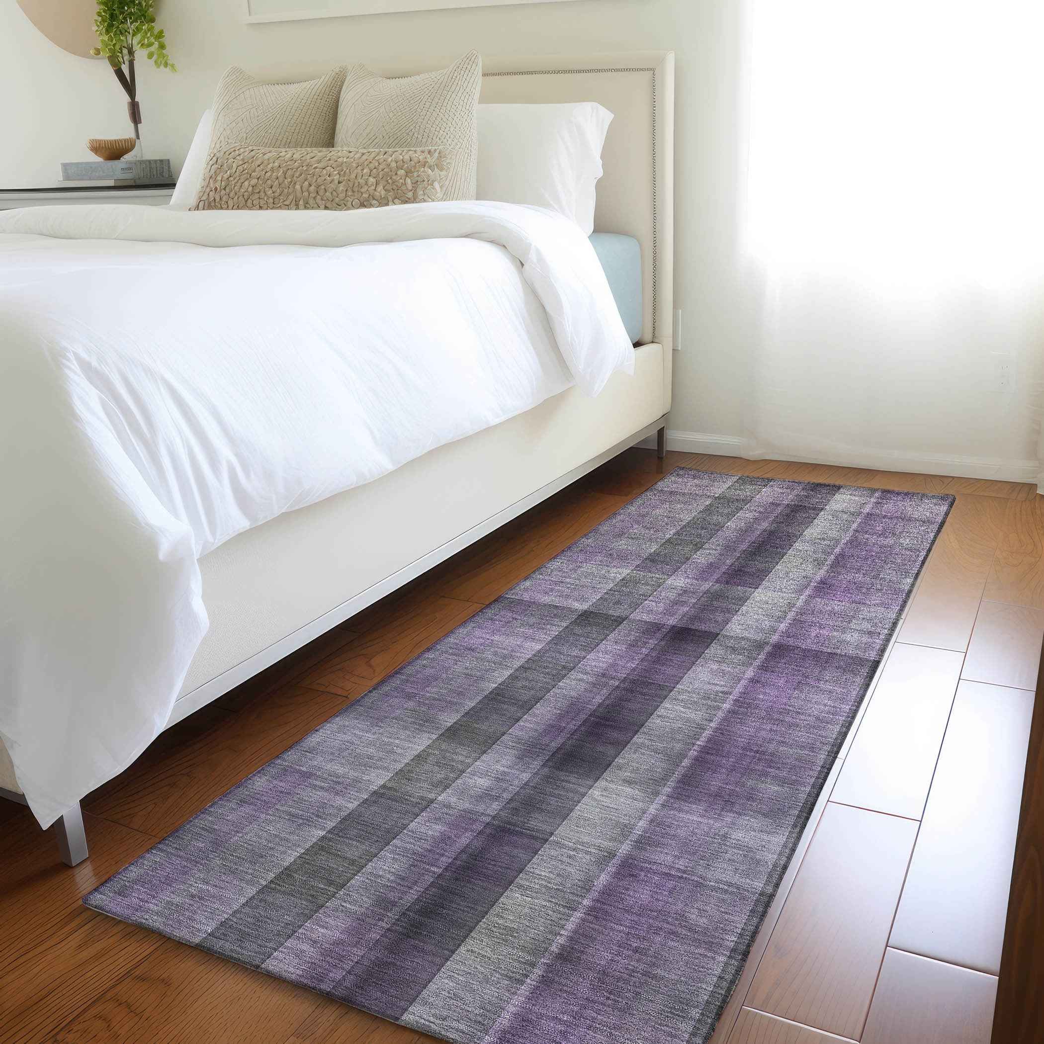 2' X 8' Purple Gray and Black Plaid Washable Non Skid Indoor Outdoor Area Rug