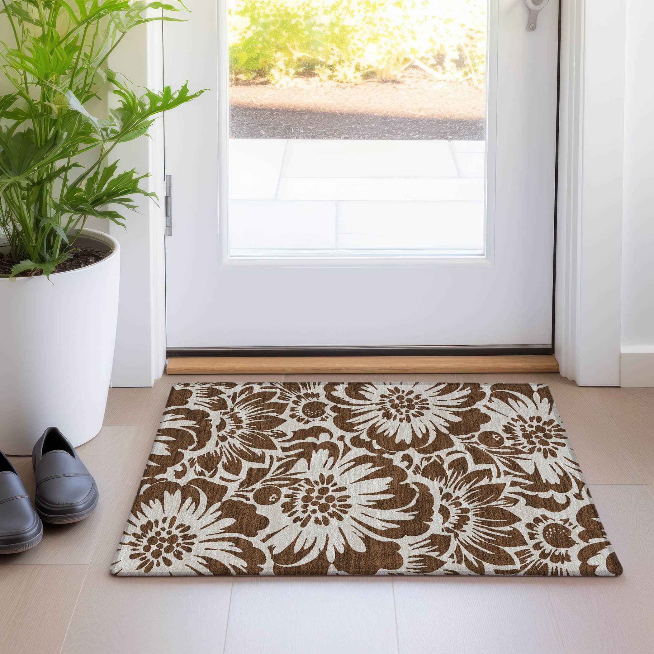 2' X 3' Brown and Ivory Floral Washable Non Skid Indoor Outdoor Area Rug