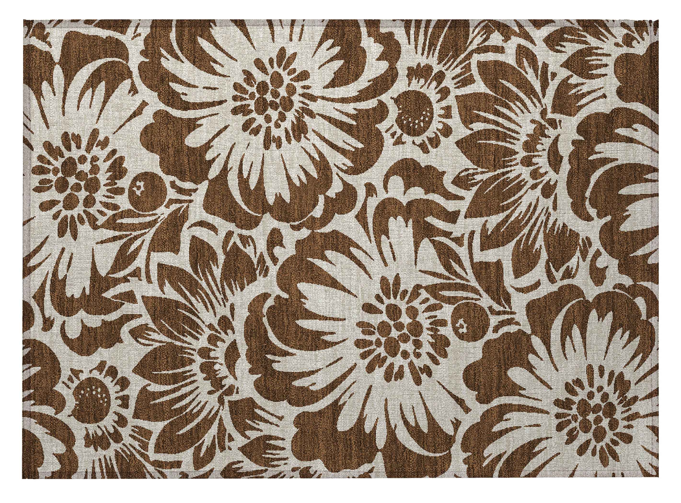 2' X 3' Brown and Ivory Floral Washable Non Skid Indoor Outdoor Area Rug