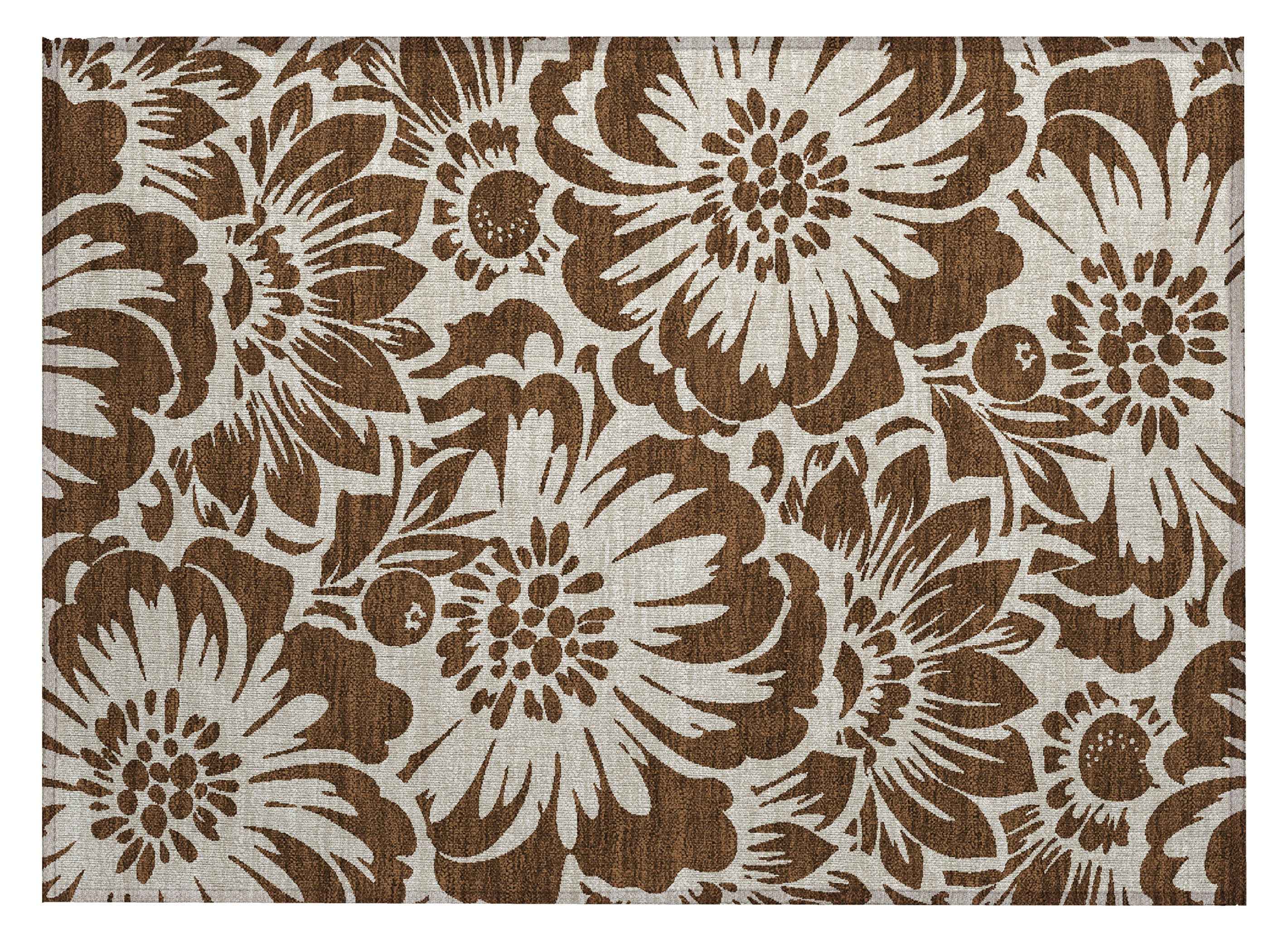 2' X 3' Brown and Ivory Floral Washable Non Skid Indoor Outdoor Area Rug