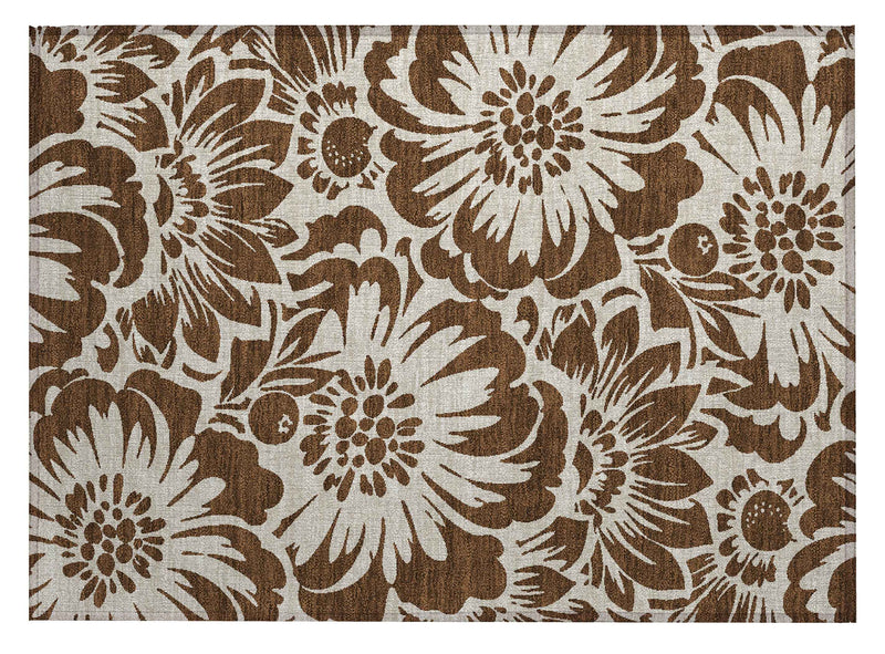 2' X 3' Brown and Ivory Floral Washable Non Skid Indoor Outdoor Area Rug