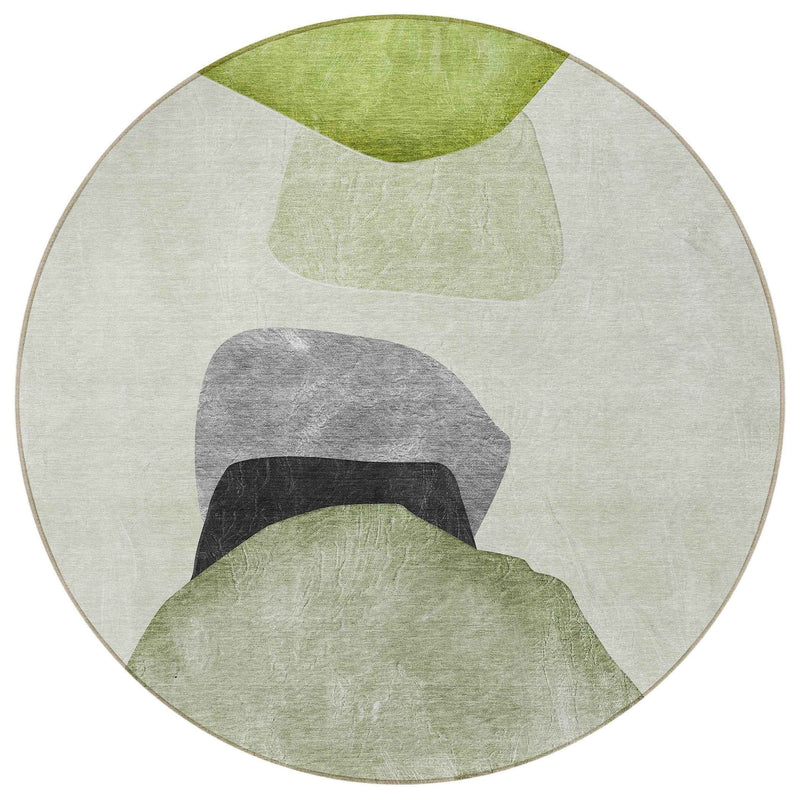 8' Round Green Black and Gray Round Abstract Washable Non Skid Indoor Outdoor Area Rug