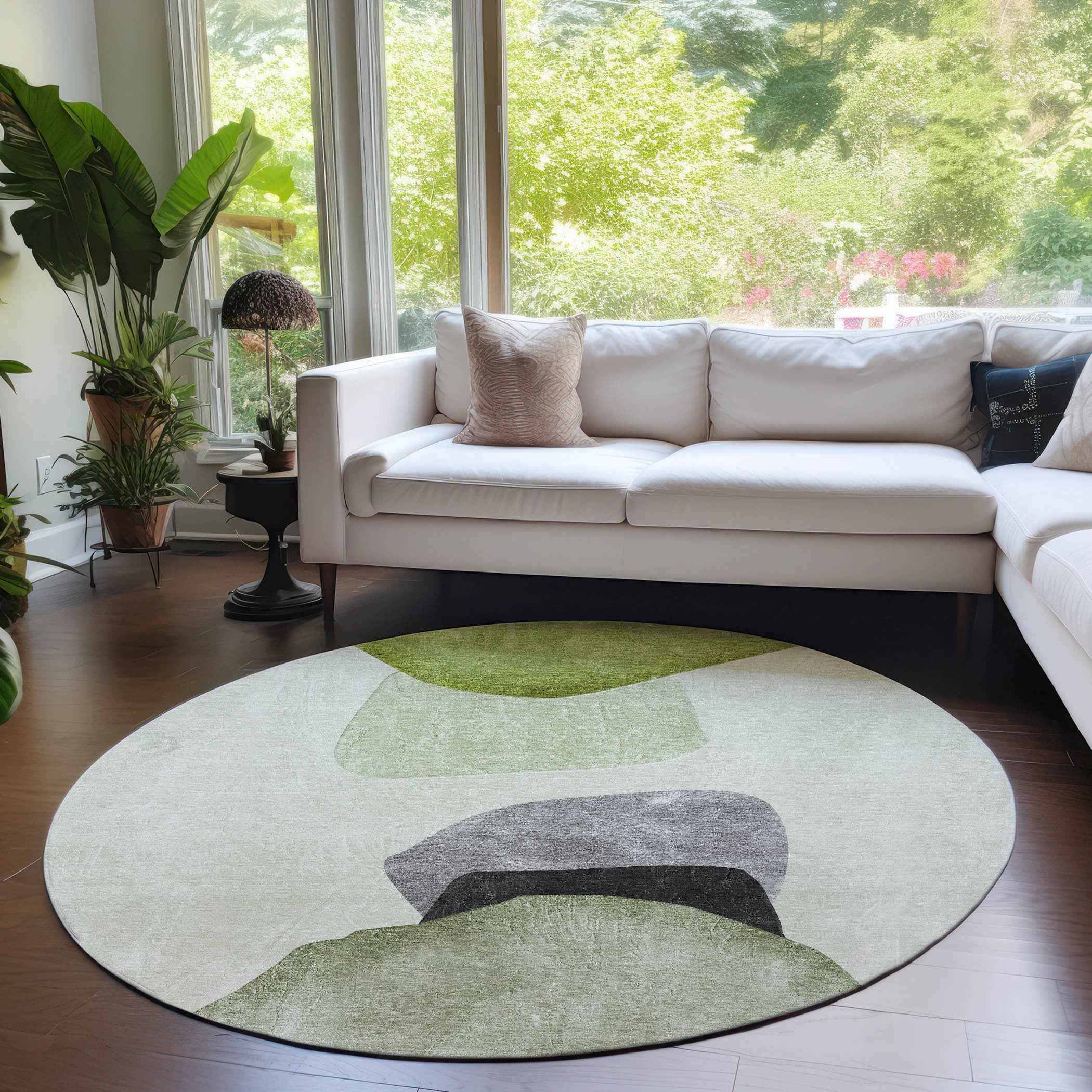 8' Round Green Black and Gray Round Abstract Washable Non Skid Indoor Outdoor Area Rug