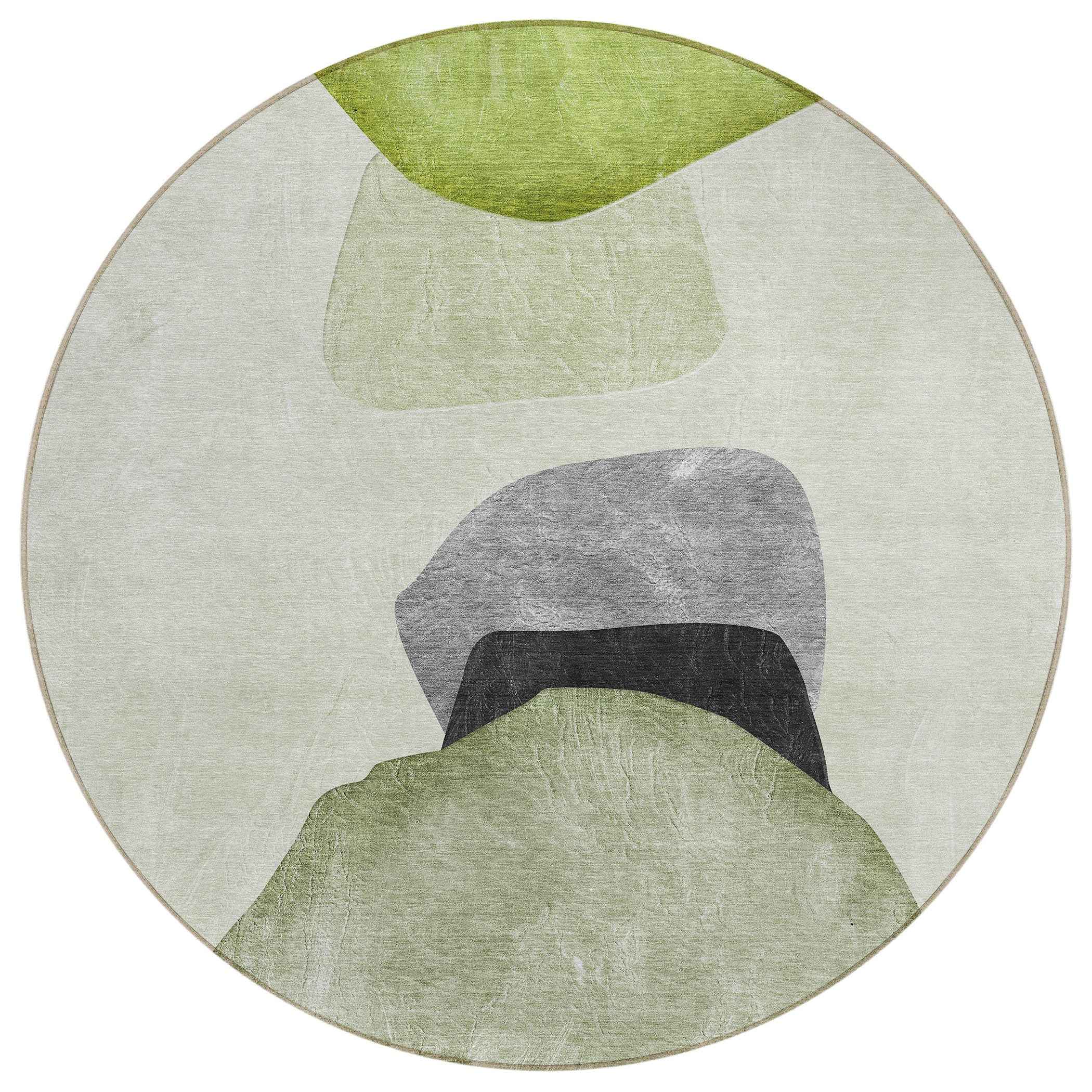 8' Round Green Black and Gray Round Abstract Washable Non Skid Indoor Outdoor Area Rug