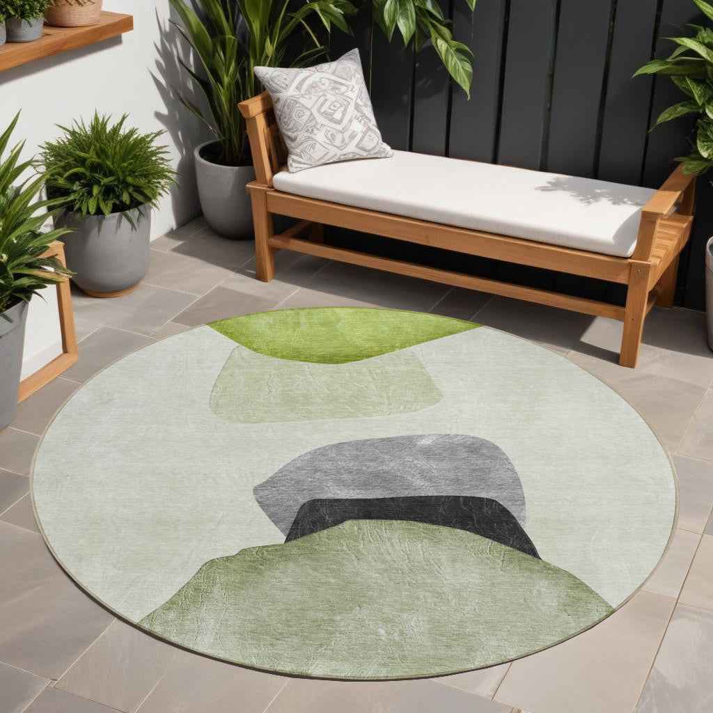 8' Round Green Black and Gray Round Abstract Washable Non Skid Indoor Outdoor Area Rug