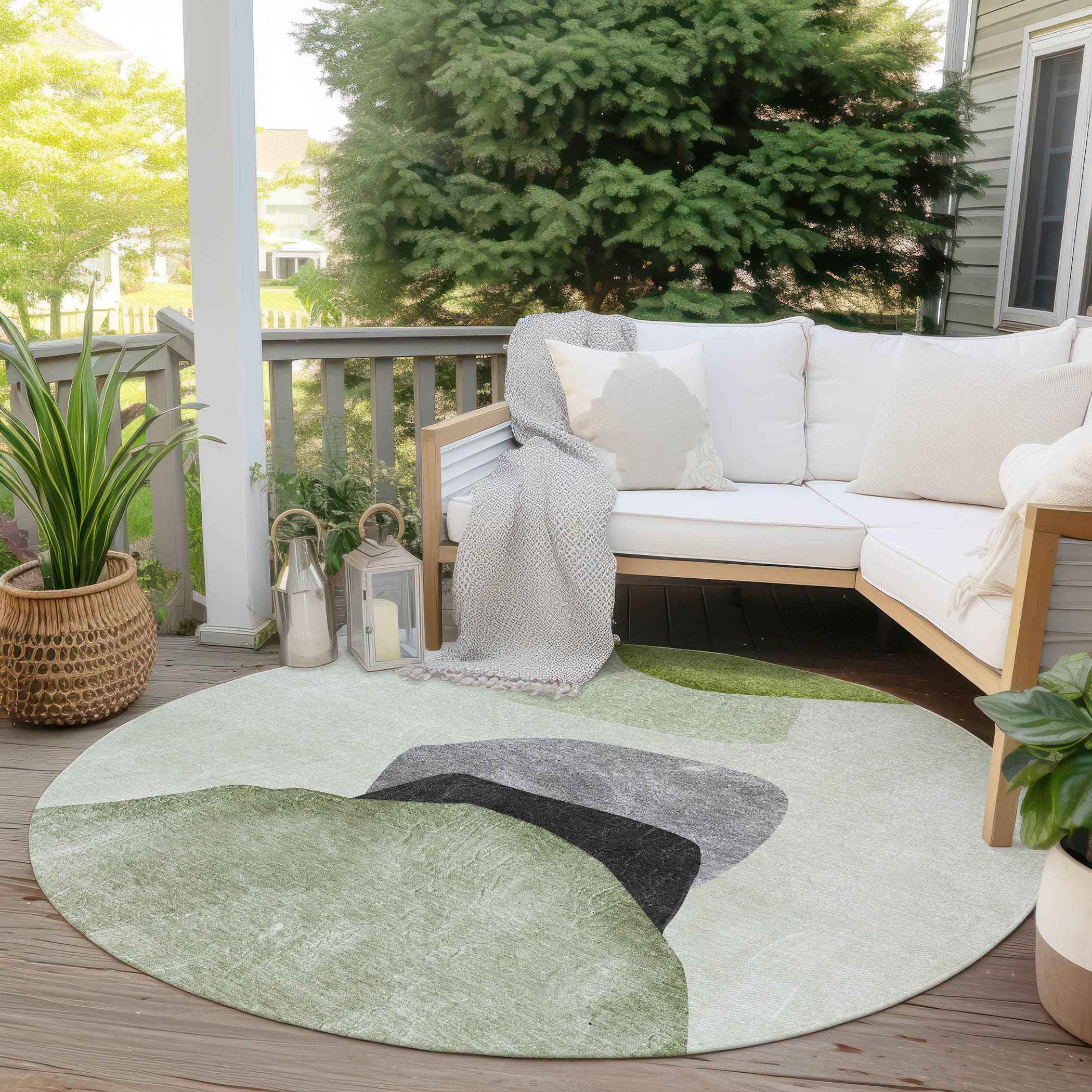8' Round Green Black and Gray Round Abstract Washable Non Skid Indoor Outdoor Area Rug