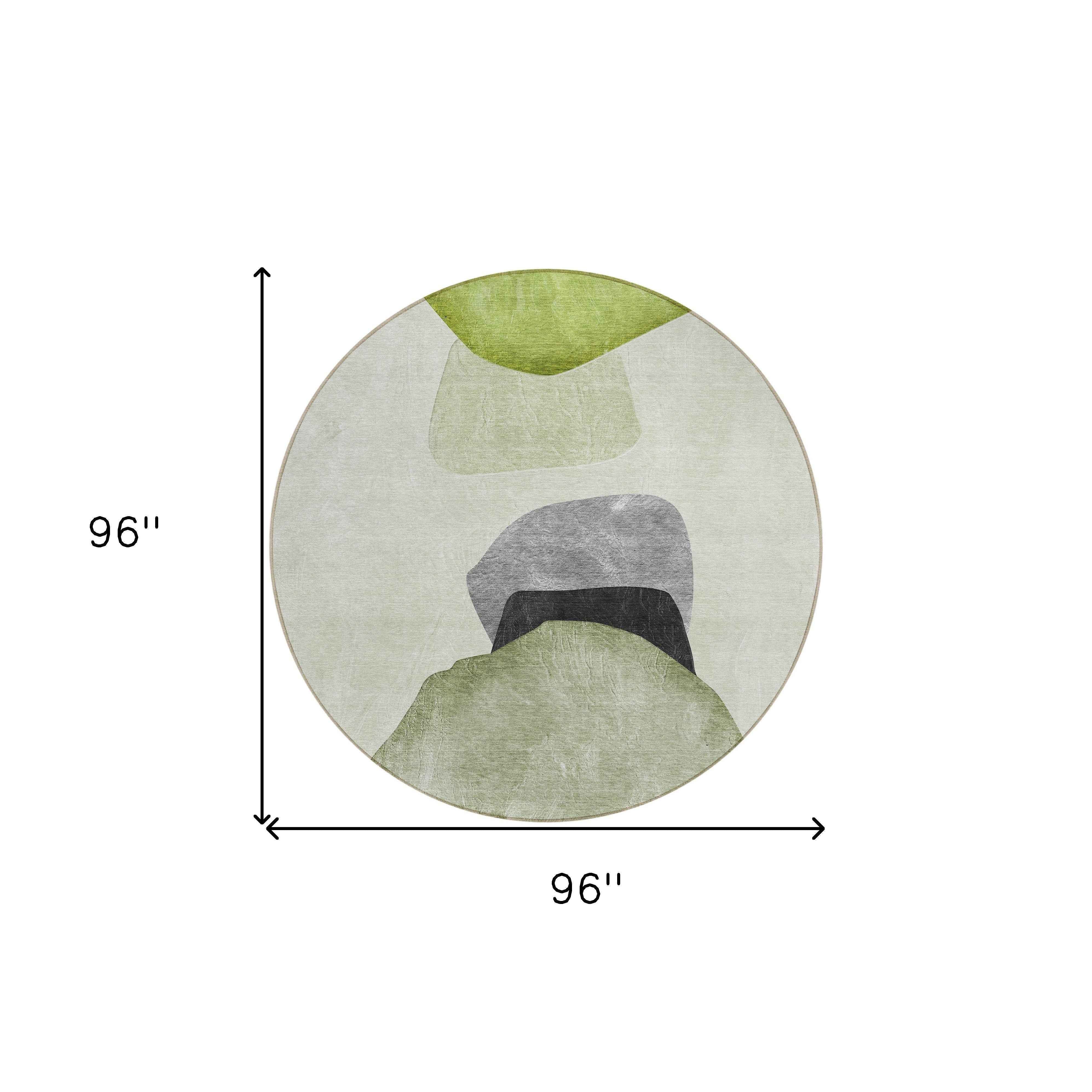 8' Round Green Black and Gray Round Abstract Washable Non Skid Indoor Outdoor Area Rug