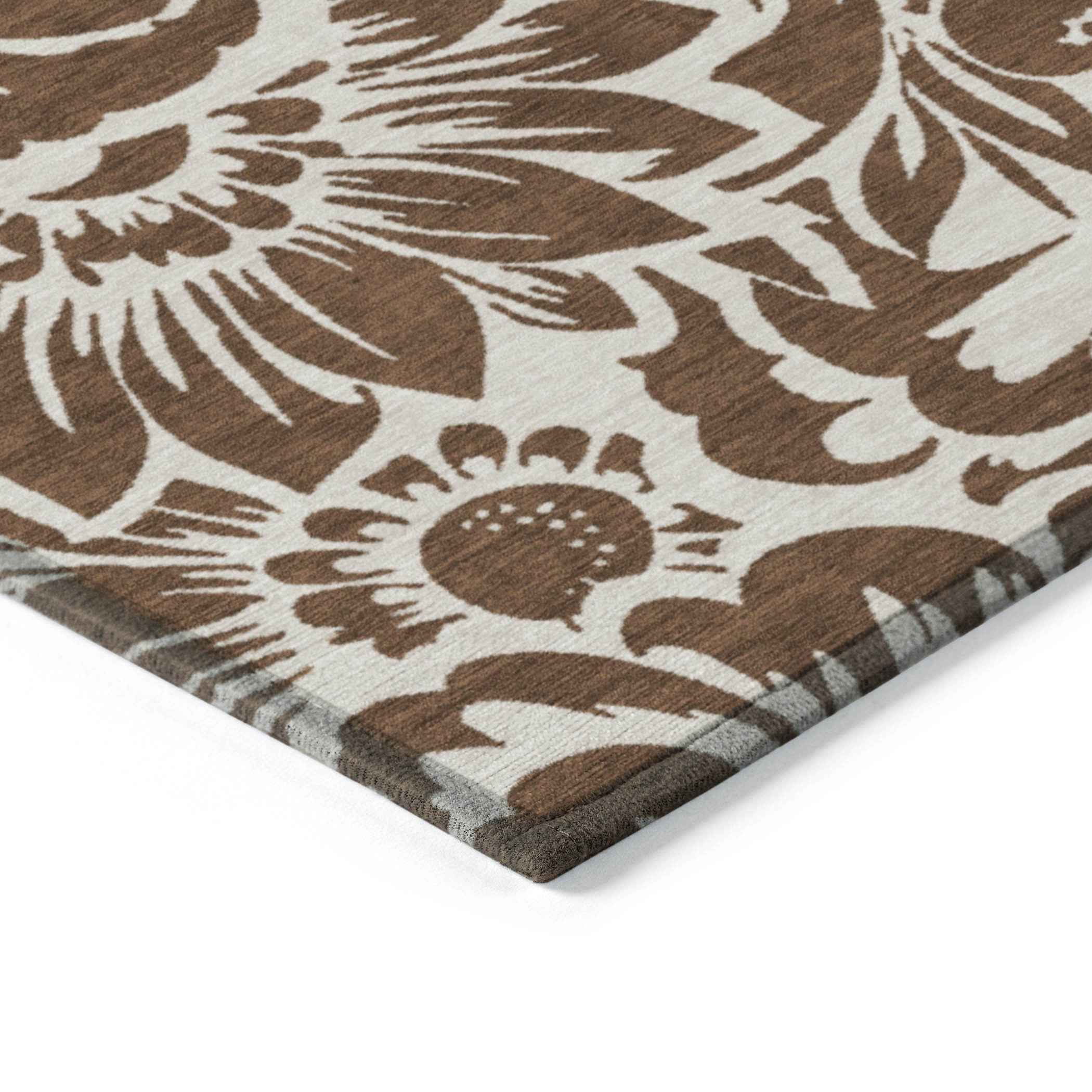 10' X 14' Brown and Ivory Floral Washable Non Skid Indoor Outdoor Area Rug
