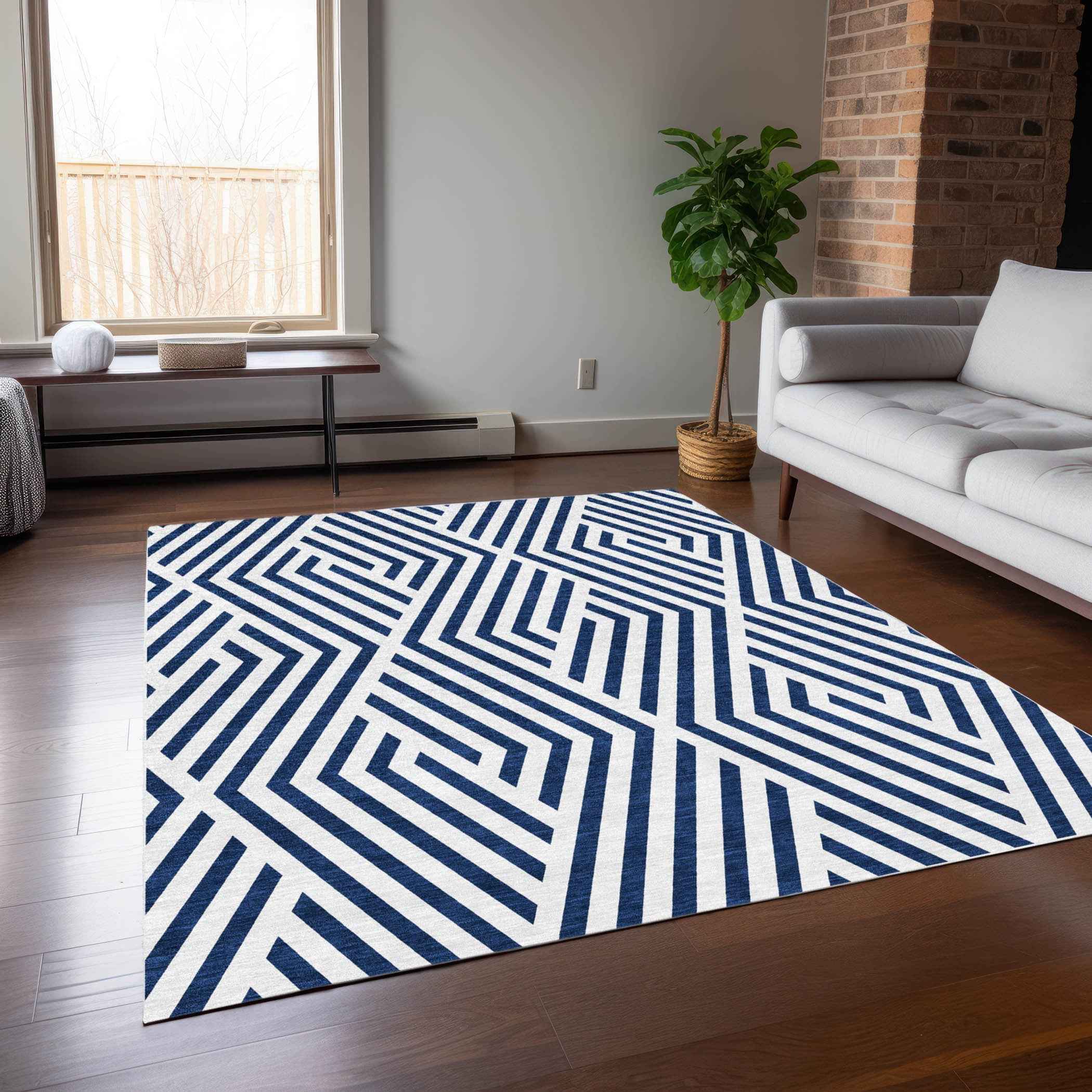 8' X 10' Navy and White Geometric Washable Non Skid Indoor Outdoor Area Rug