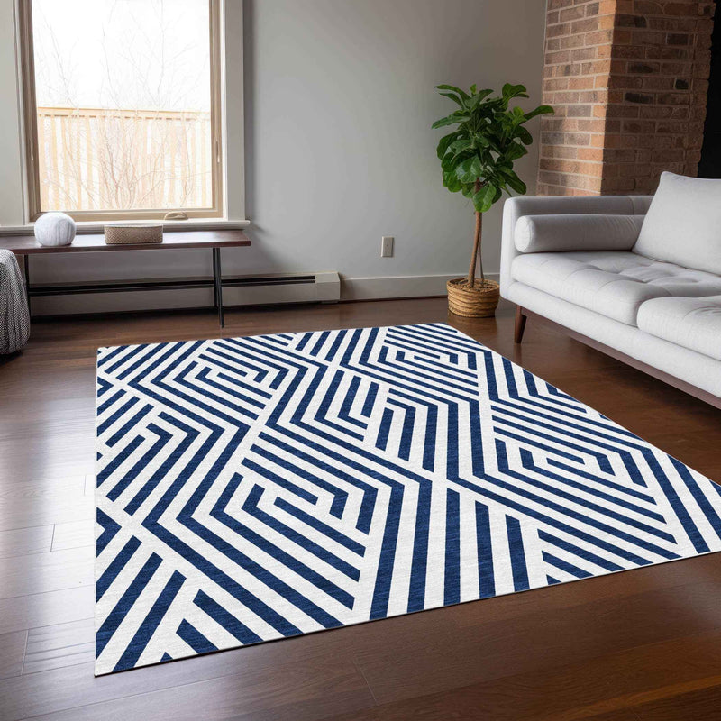 8' X 10' Navy and White Geometric Washable Non Skid Indoor Outdoor Area Rug