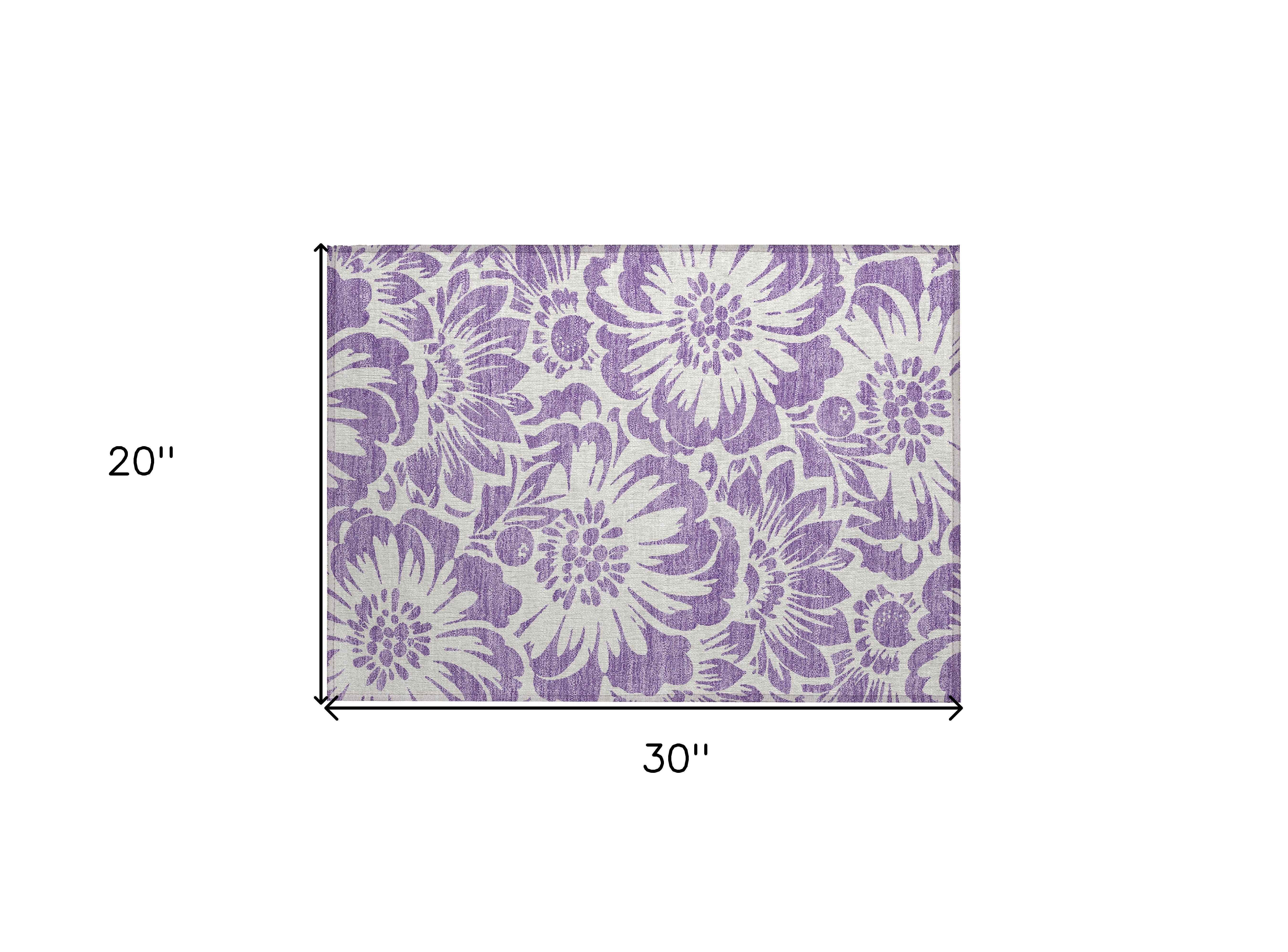 2' X 3' Purple and Ivory Floral Washable Non Skid Indoor Outdoor Area Rug