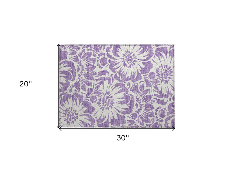 2' X 3' Purple and Ivory Floral Washable Non Skid Indoor Outdoor Area Rug
