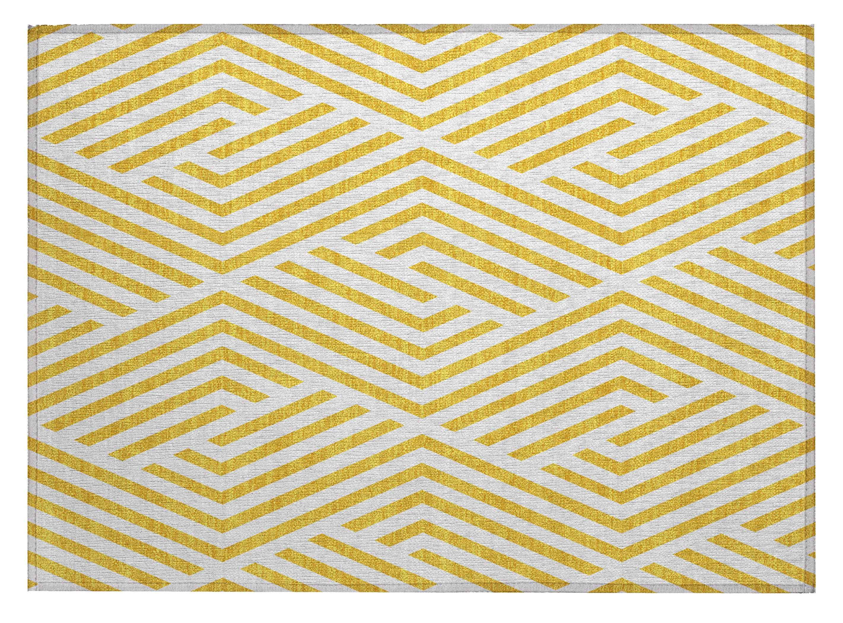 2' X 3' Gold and White Geometric Washable Non Skid Indoor Outdoor Area Rug