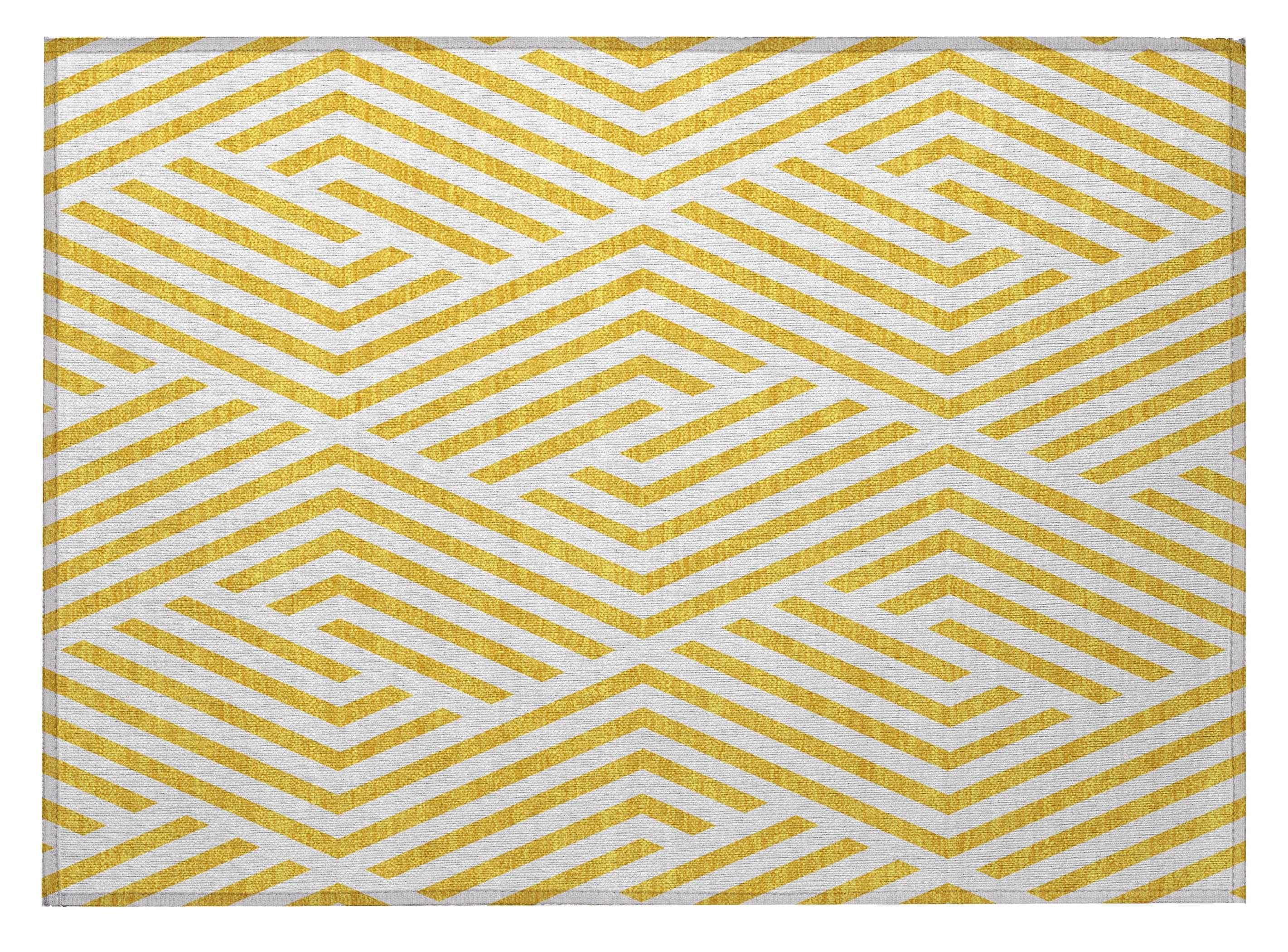 2' X 3' Gold and White Geometric Washable Non Skid Indoor Outdoor Area Rug