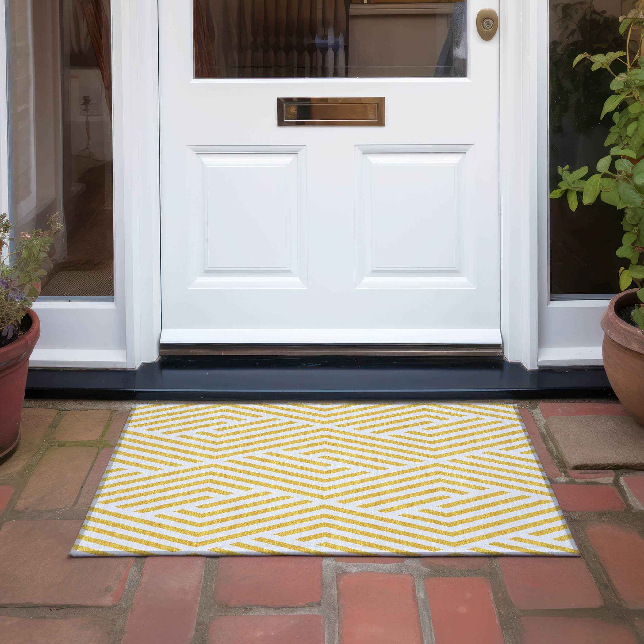2' X 3' Gold and White Geometric Washable Non Skid Indoor Outdoor Area Rug