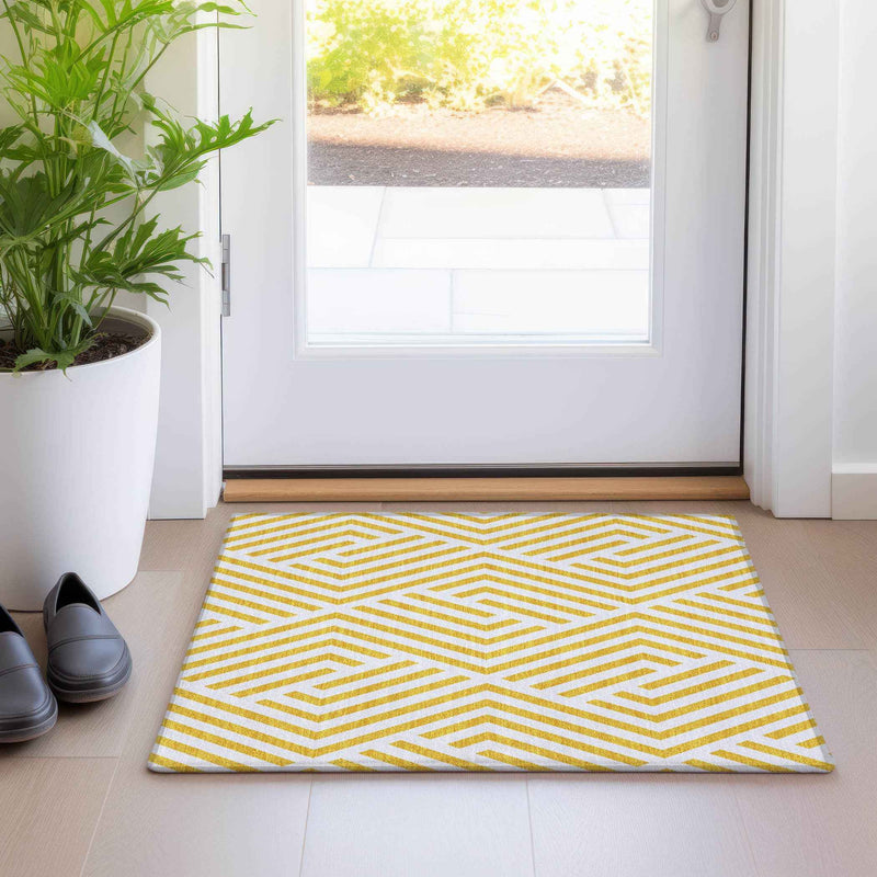 2' X 3' Gold and White Geometric Washable Non Skid Indoor Outdoor Area Rug
